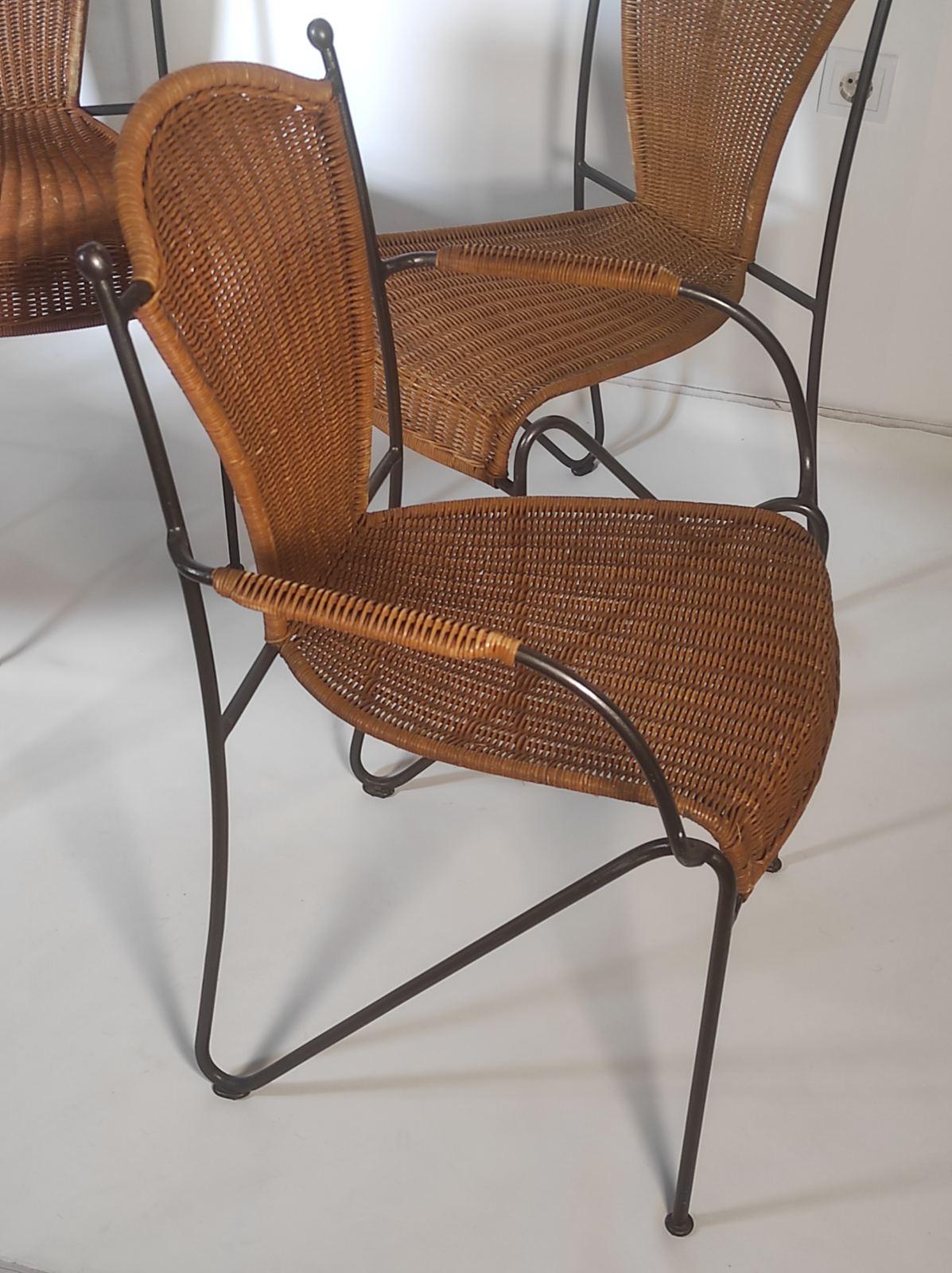  Set of Four Wicker and Iron Chair By Frederic Weinberg 1950s 1