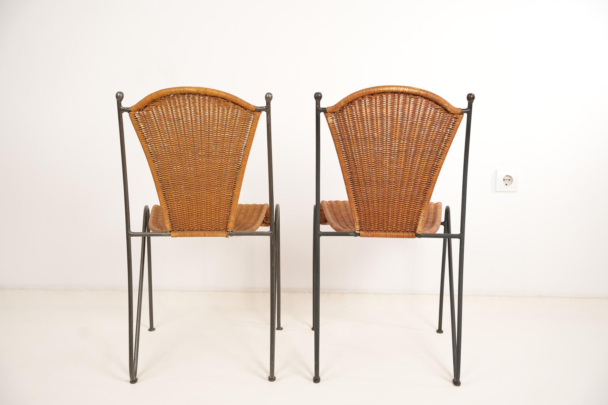 Rattan Set of Four Wicker and Iron Chair By Frederic Weinberg 1950s For Sale