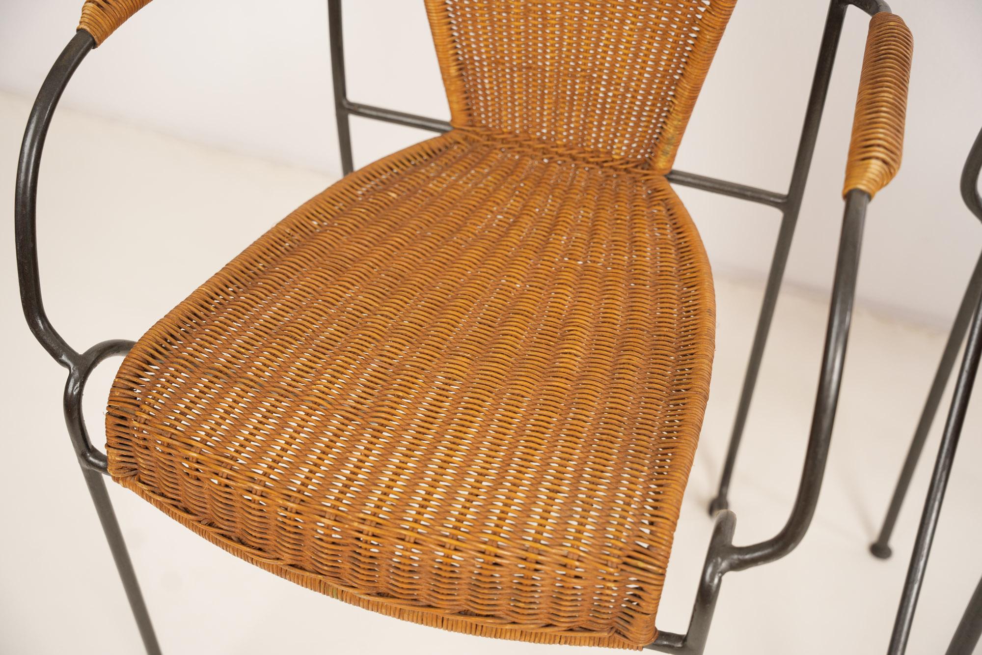 Set of Four Wicker and Iron Chair By Frederic Weinberg 1950s For Sale 1
