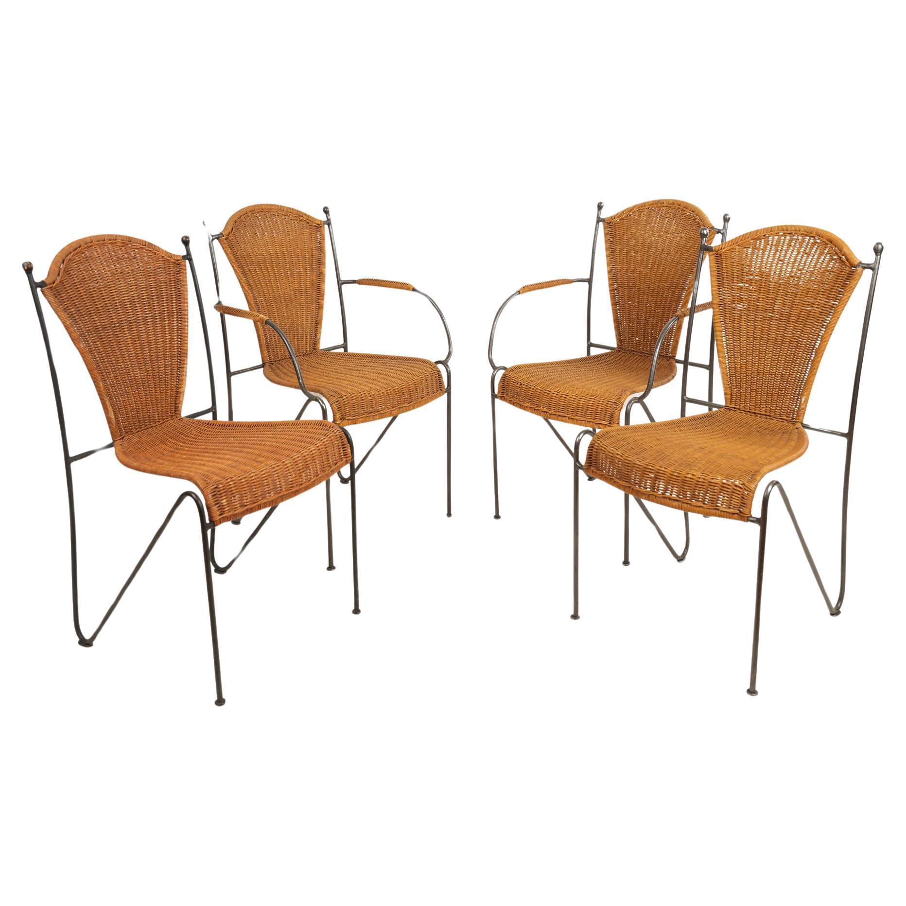 Ensemble de quatre chaises en osier et fer par Frederic Weinberg 1950s en vente