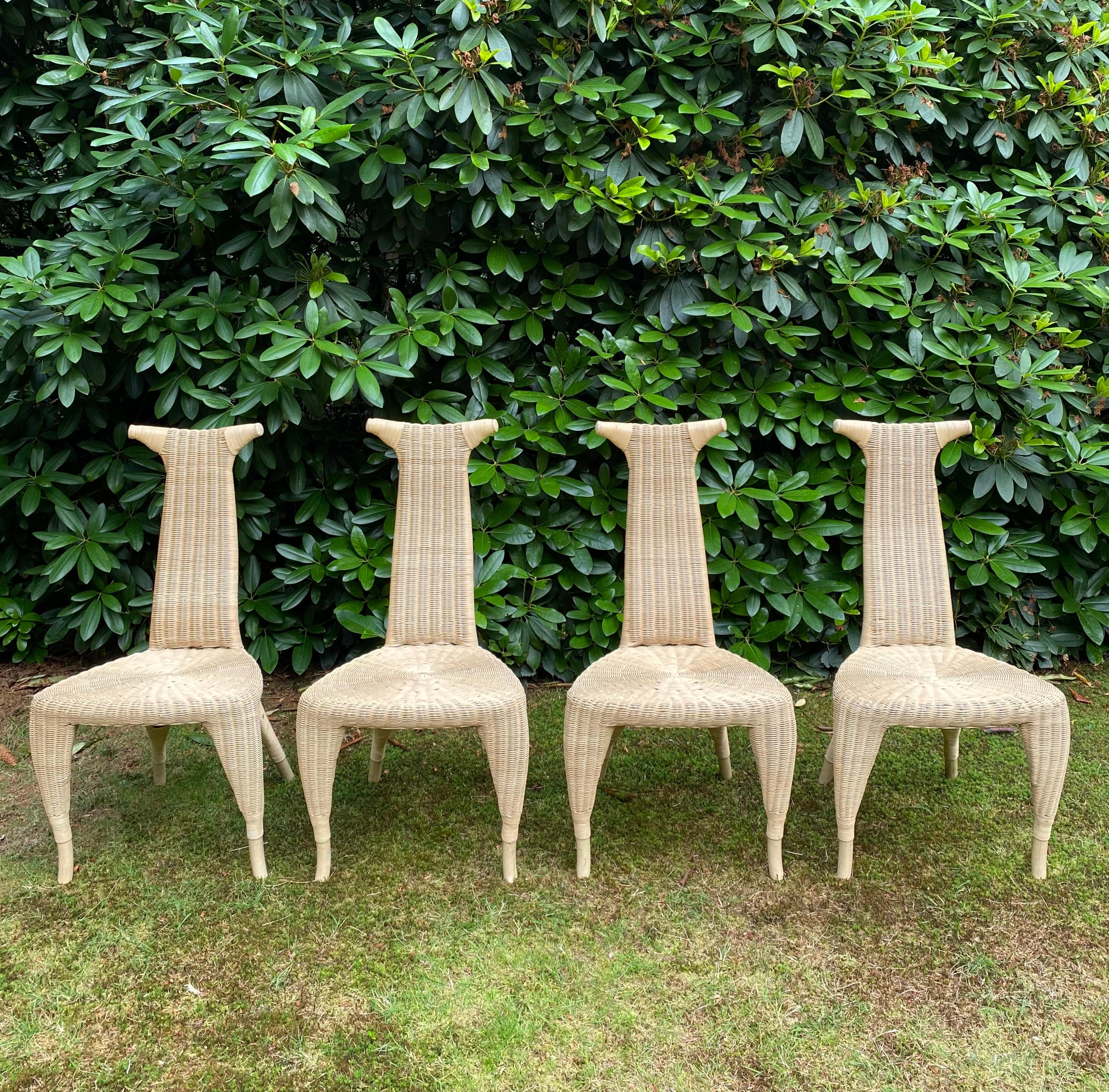 Set of four Brutalist style pieces with features similar with Cow horns. The chairs were designed by Pierantonio Bonacina in the 1990s in Italy. The chairs show some signs of age and use, as to be seen on the images.