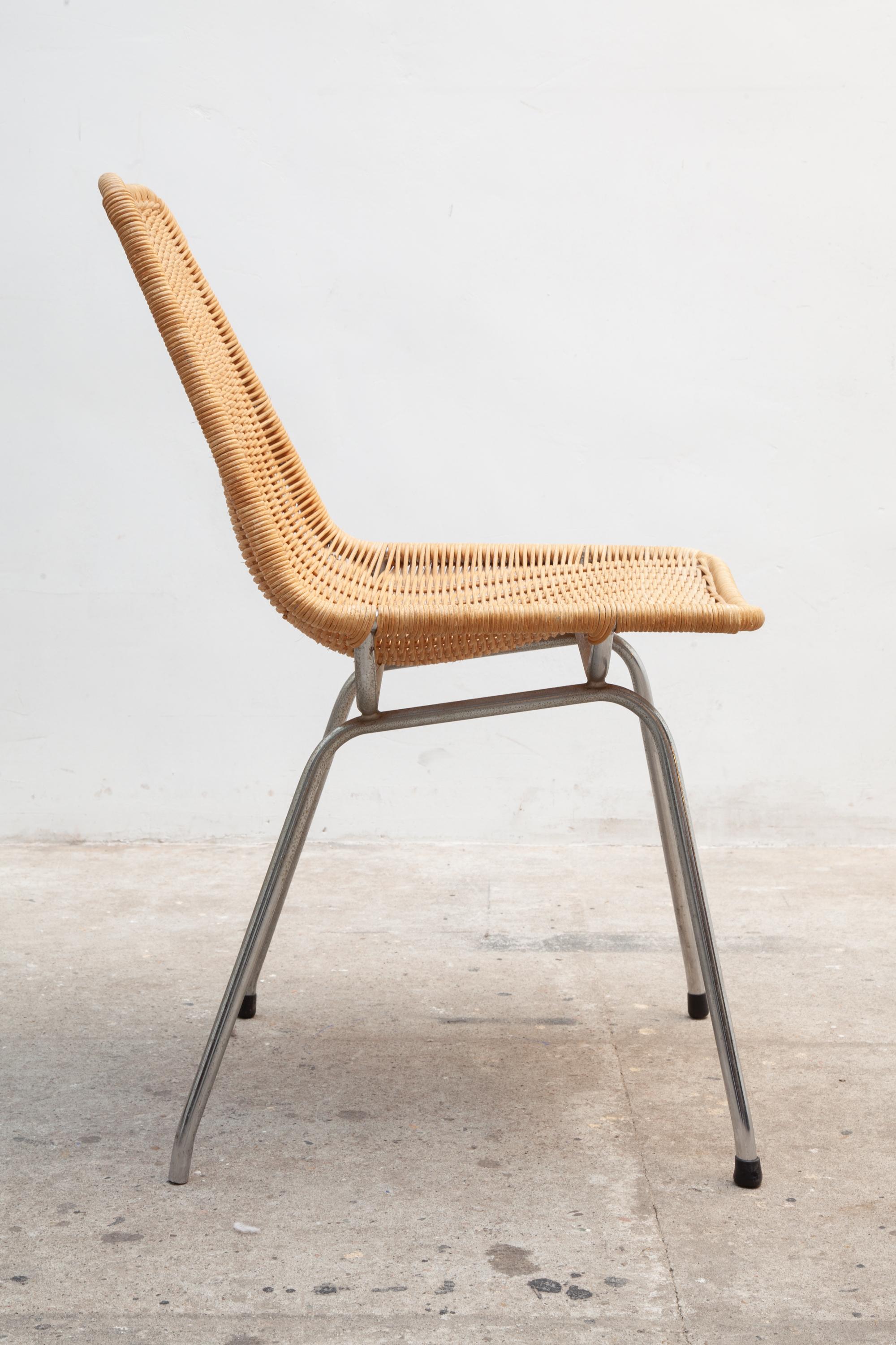 Mid-Century Modern Set of Four Wicker Shell Chairs and Metal Crome Frame by Dirk Van Sliedrecht