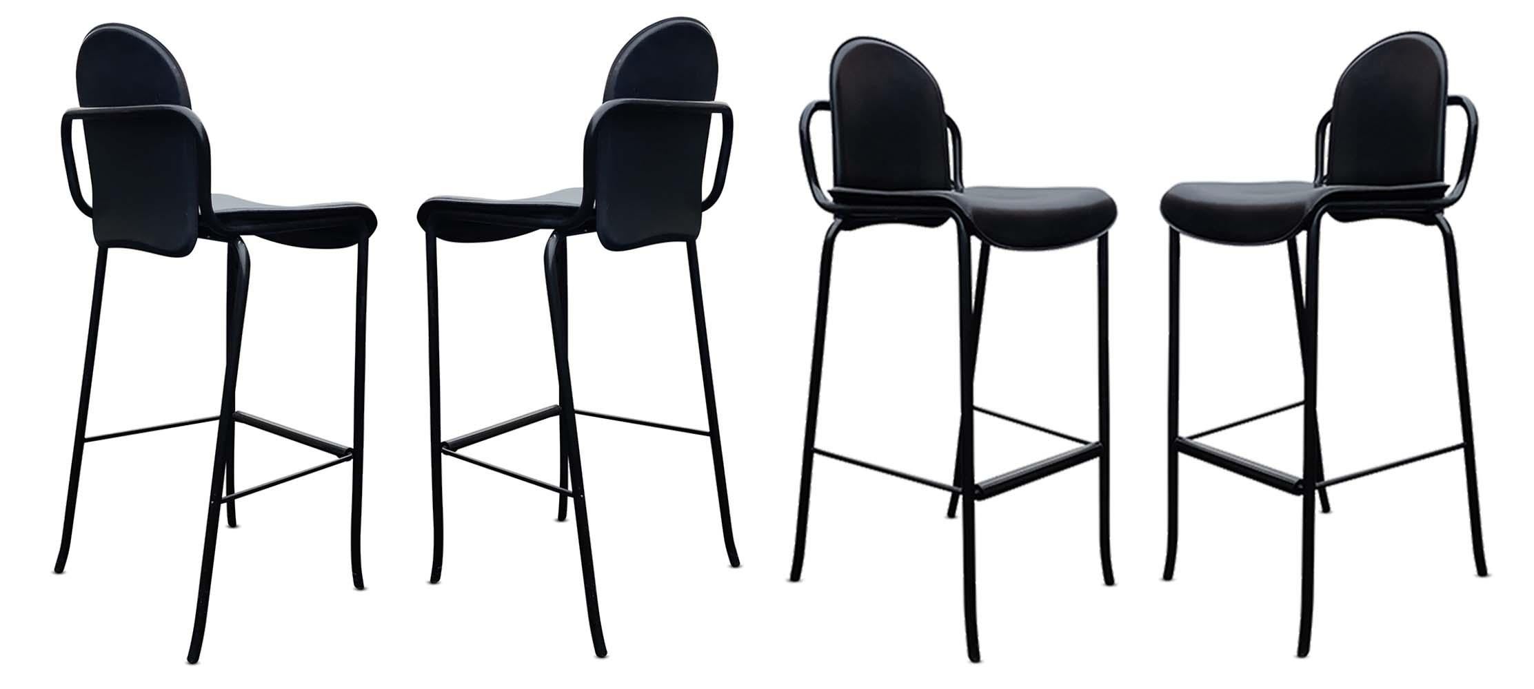 Three stitched leather, slim profile side, stools or barstools in the style of legendary designer Willy Rizzo and manufactured by Cidue. Italian made is the late 1970s or early 1980s, high quality, super sleek, sturdy and very comfortable. All have