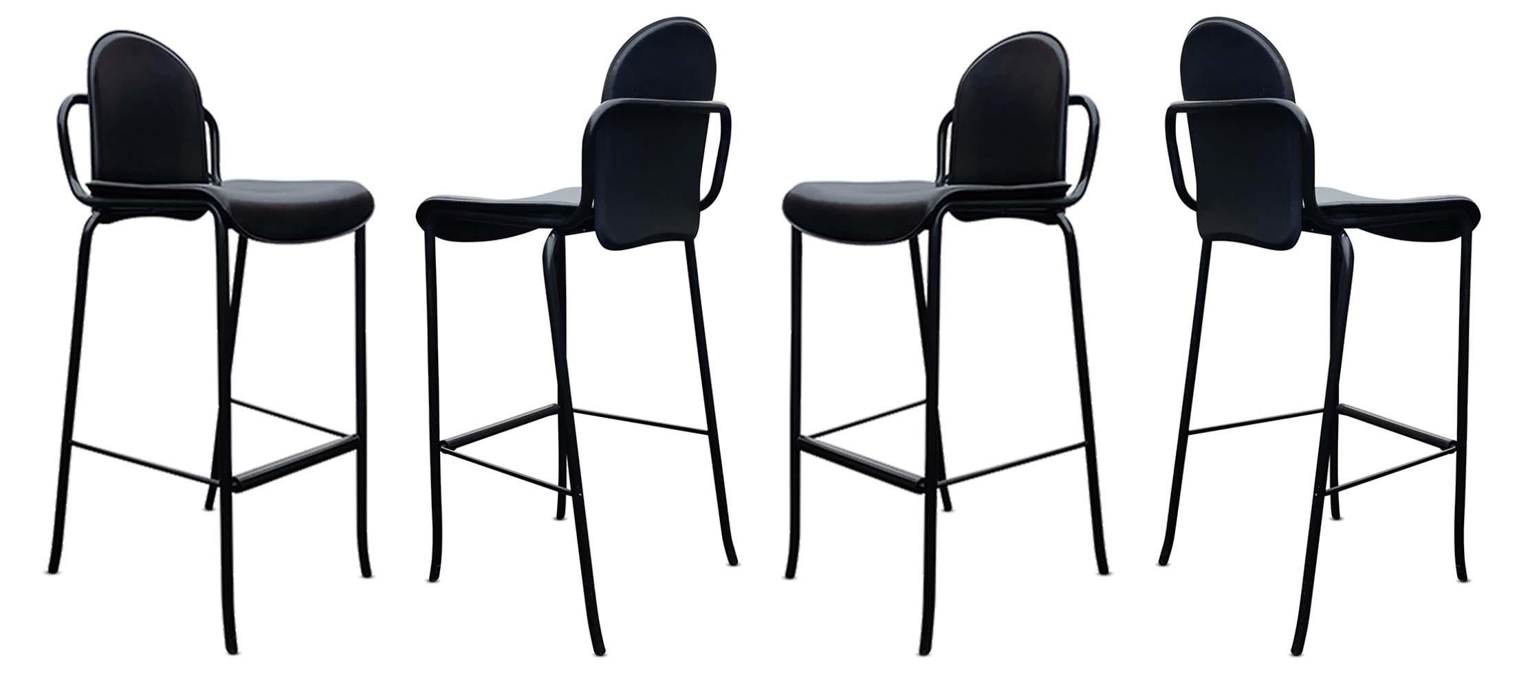 American Four Willy Rizzo Style Black Leather Tubular Cidue Barstools Mid-Century Modern For Sale