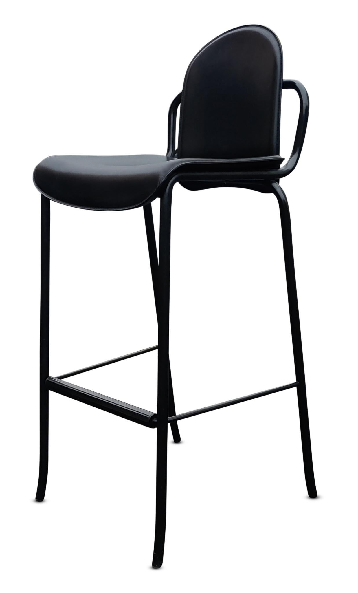 Late 20th Century Four Willy Rizzo Style Black Leather Tubular Cidue Barstools Mid-Century Modern For Sale
