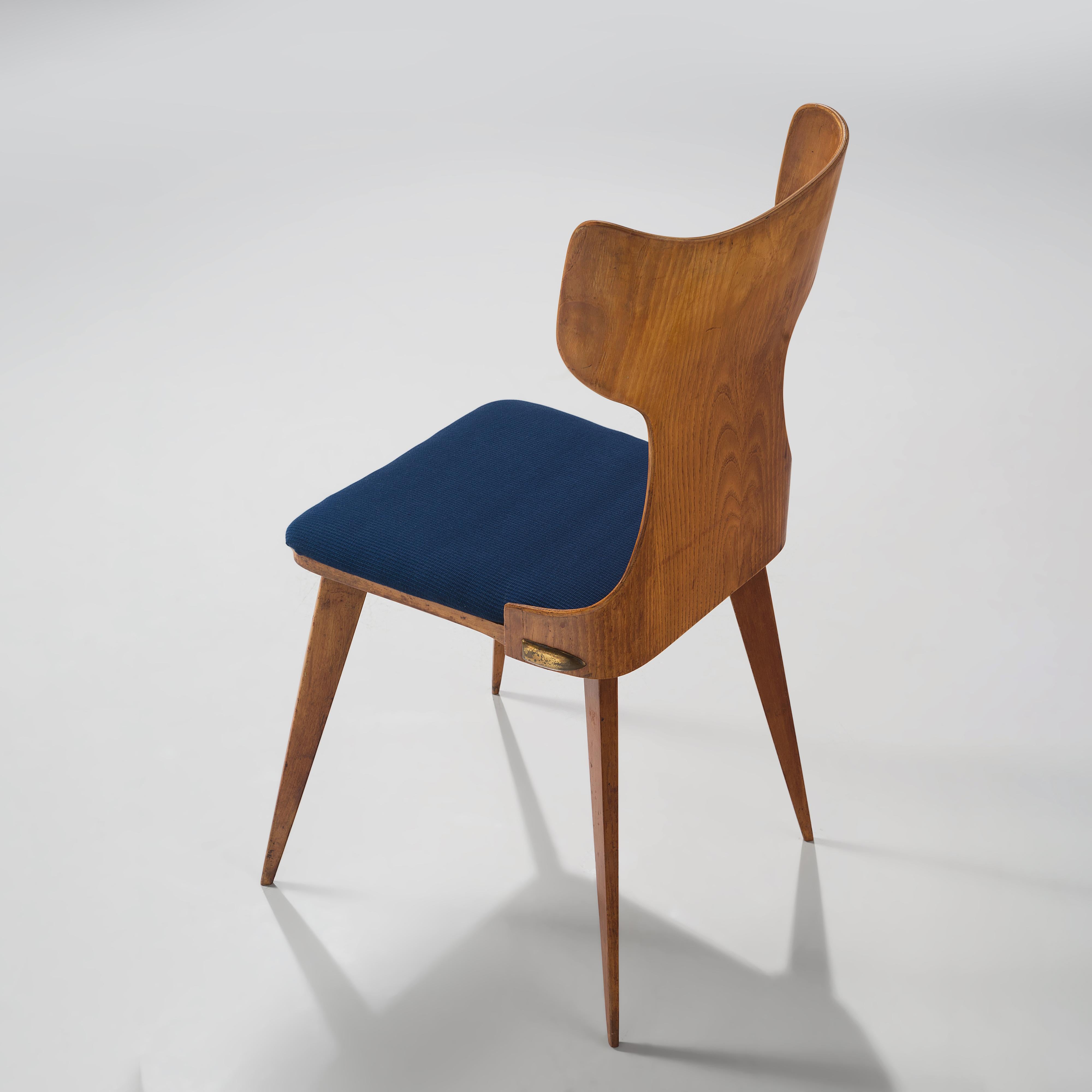 Fabric Set of Four Wingback Dining Chairs in Blue Upholstery Attributed to Carlo Ratti