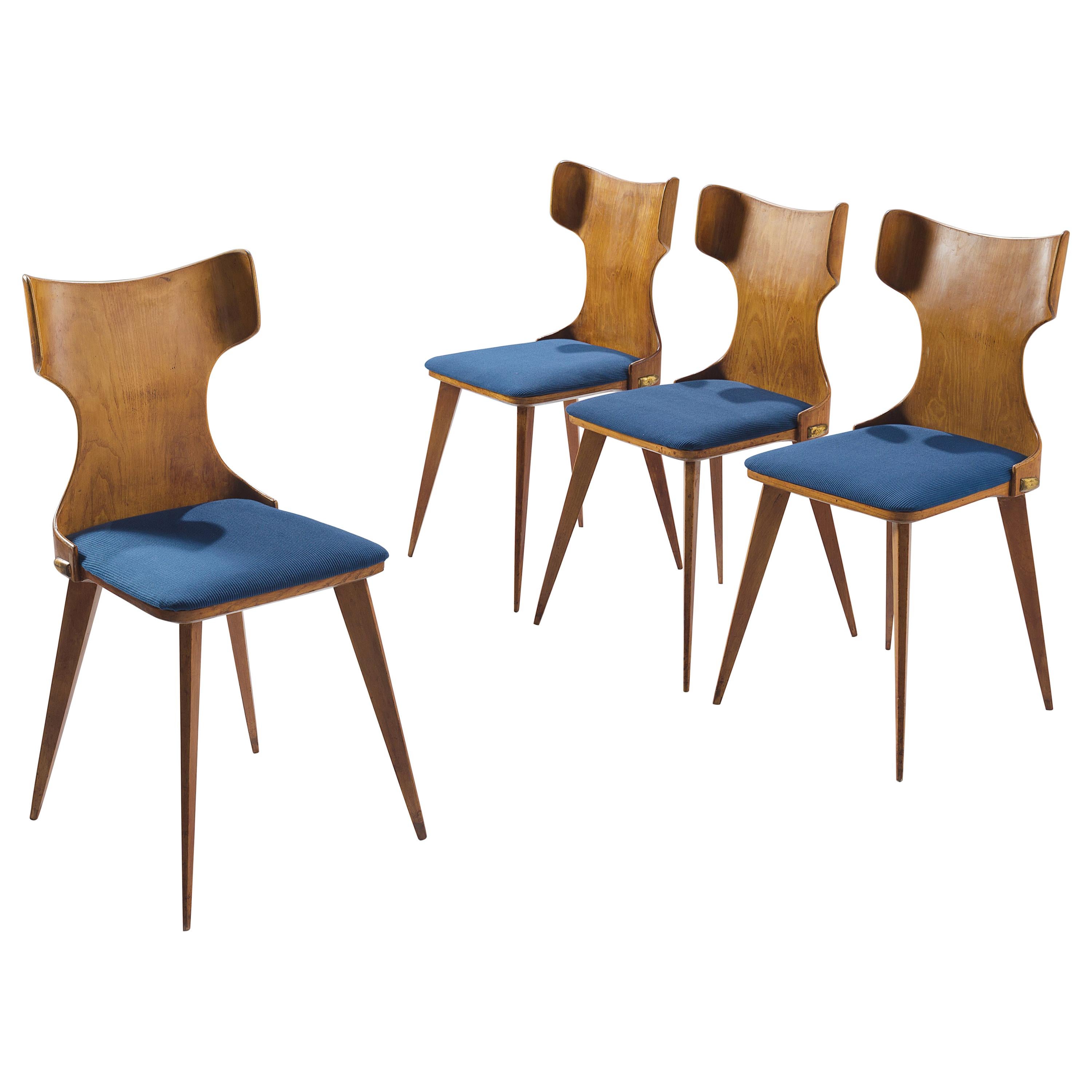 Set of Four Wingback Dining Chairs in Blue Upholstery Attributed to Carlo Ratti