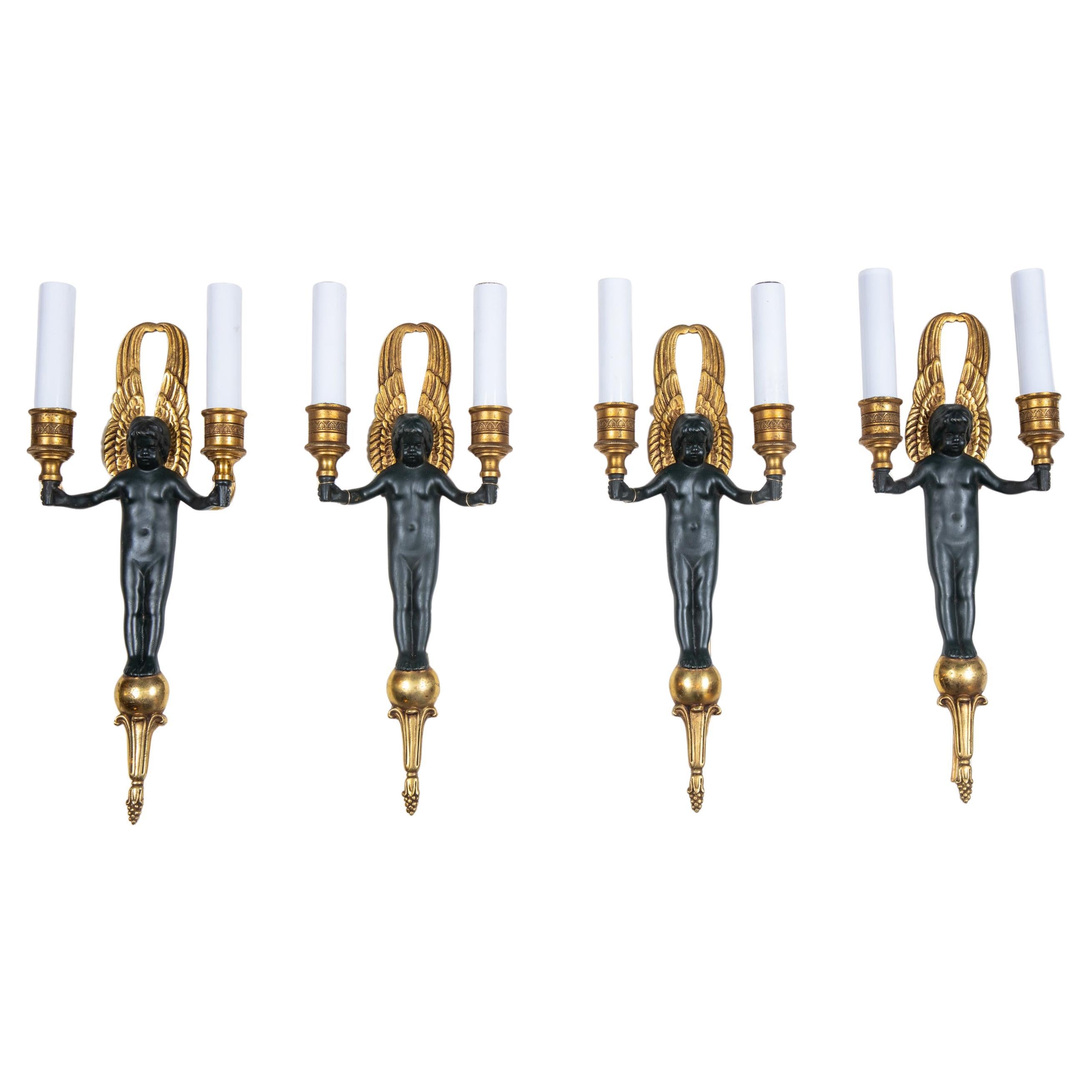Set of Four Winged Putti Empire Sconces, French 20th Century For Sale