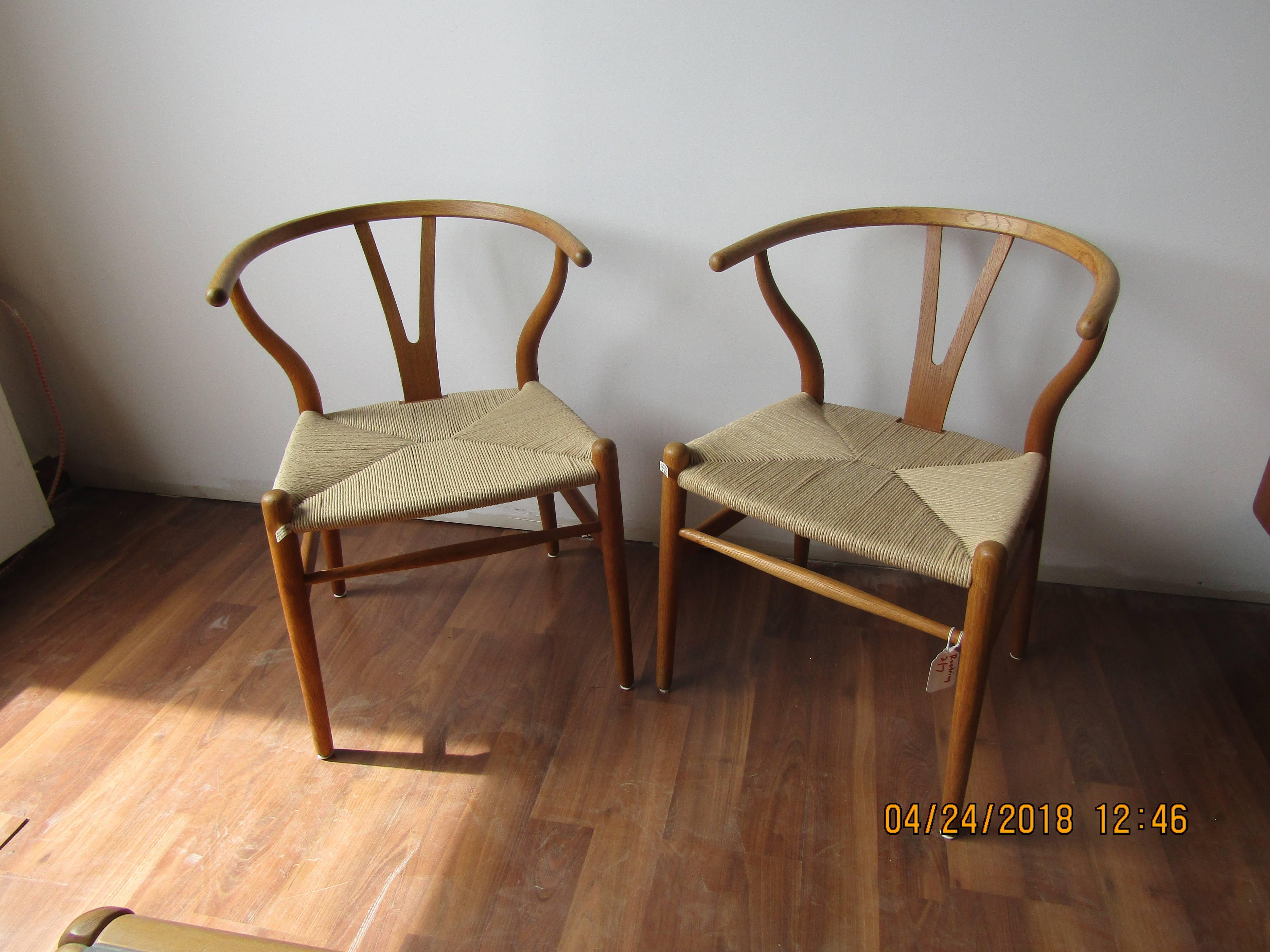 Set of Four Wishbone Chairs by Hans Wegner in White Oak and Papercord In Excellent Condition In Ottawa, ON