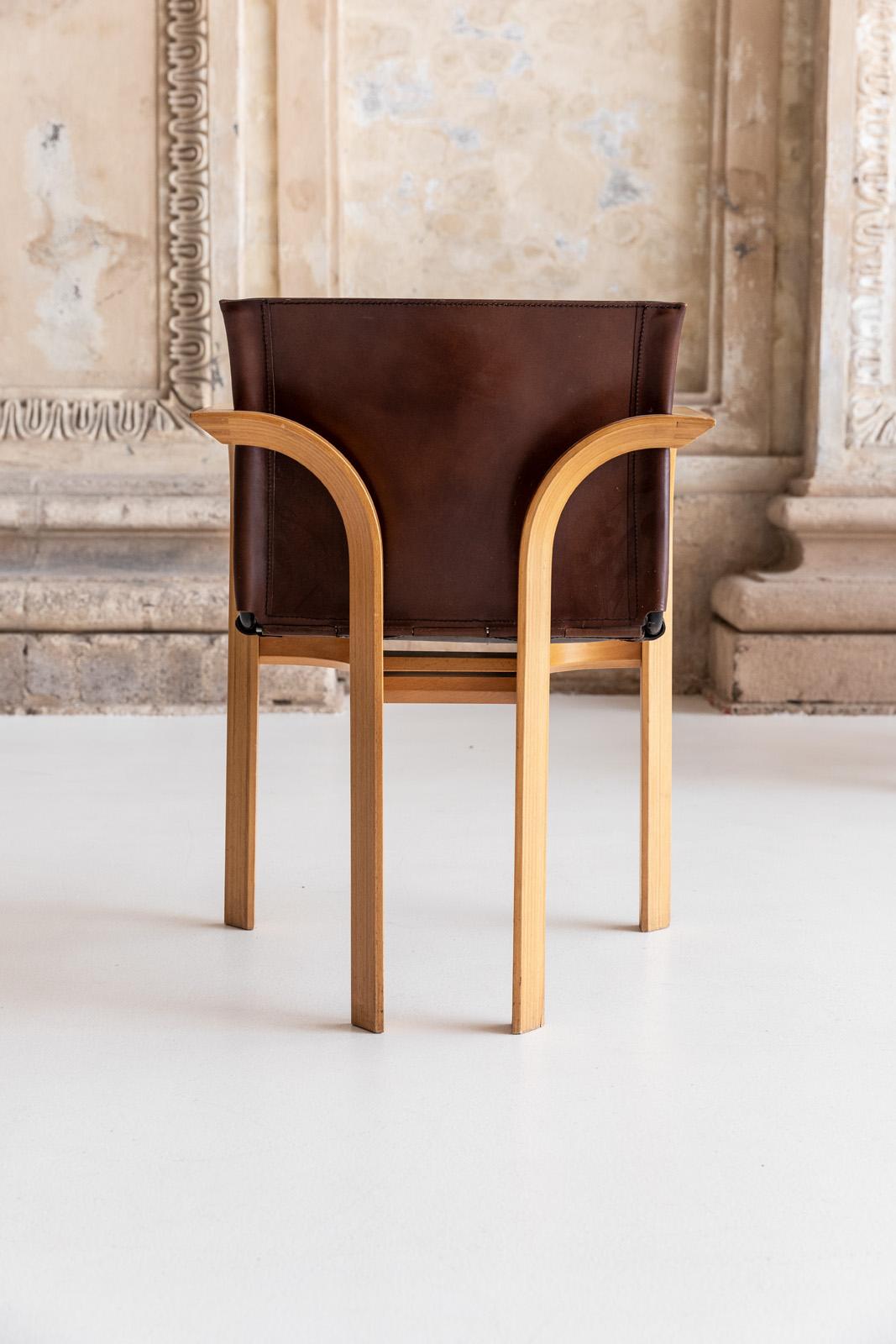 Mid-20th Century Set of Four Wood and Leather Chairs