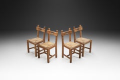 Set of Four Wood and Woven Rush Dining Chairs, Europe ca 1950s