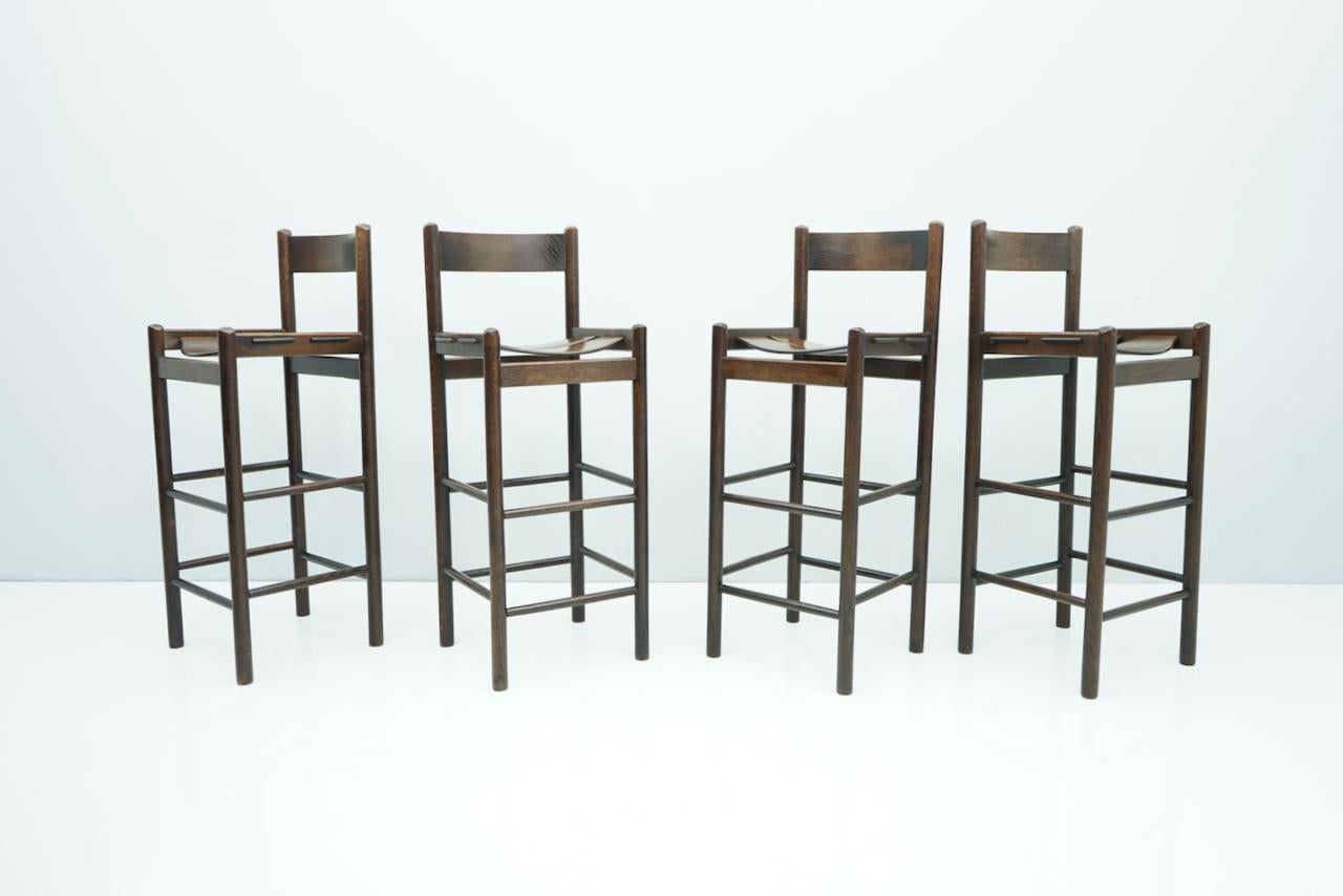 Mid-Century Modern Set of Four Wood Bar Stools, 1970s