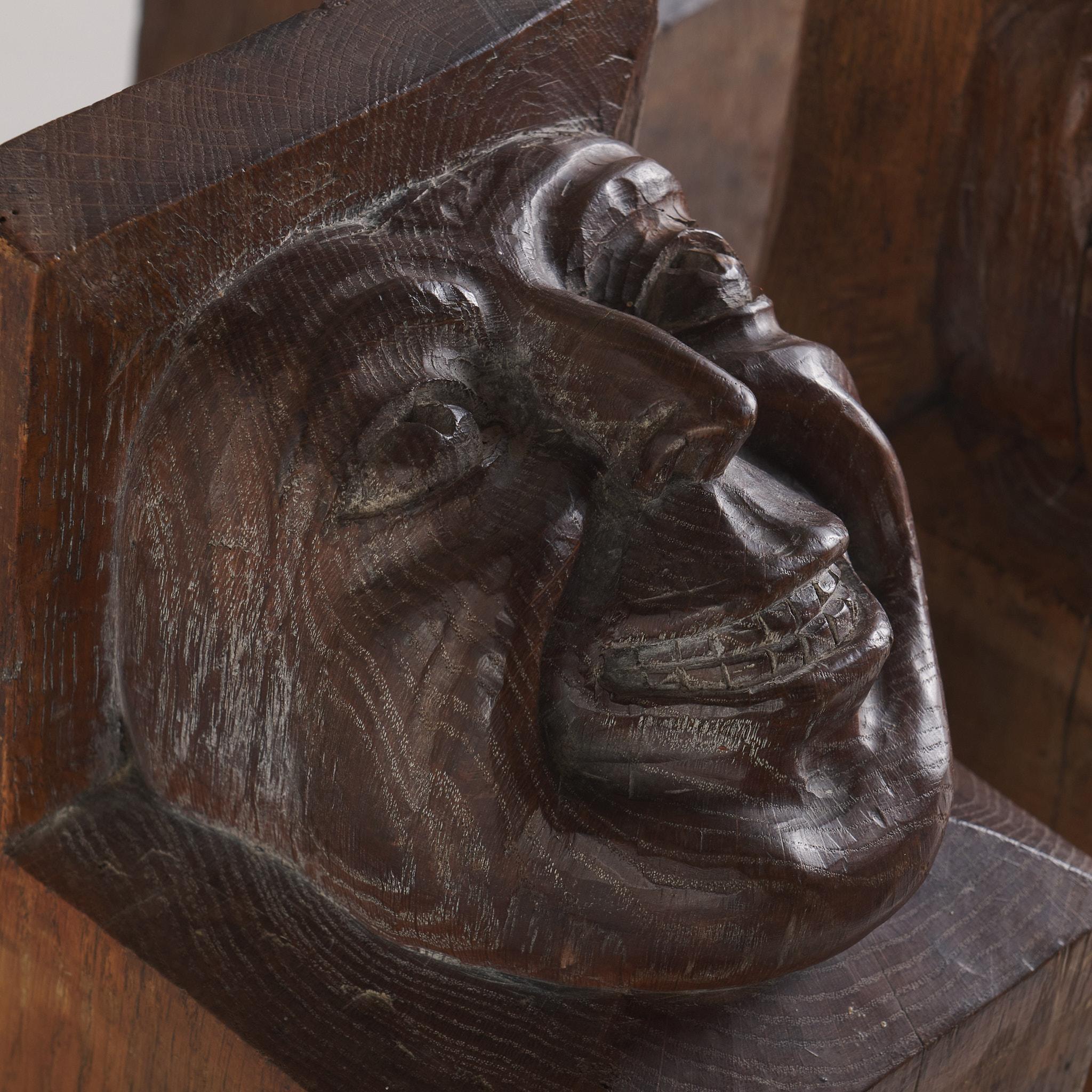 Unknown Set of Four Wood Carved Corbels with Grotesque Faces For Sale