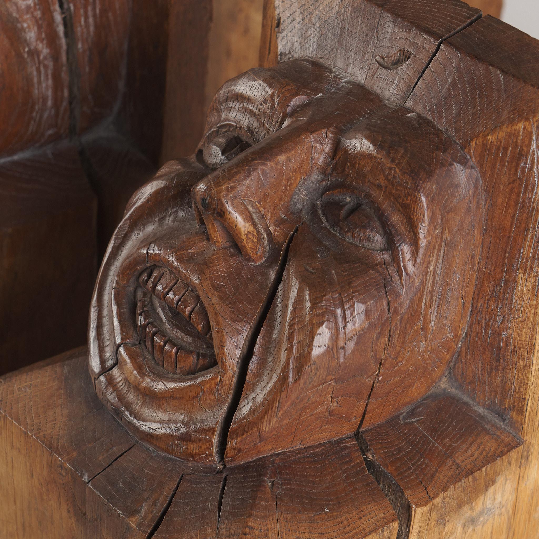 Hand-Carved Set of Four Wood Carved Corbels with Grotesque Faces For Sale