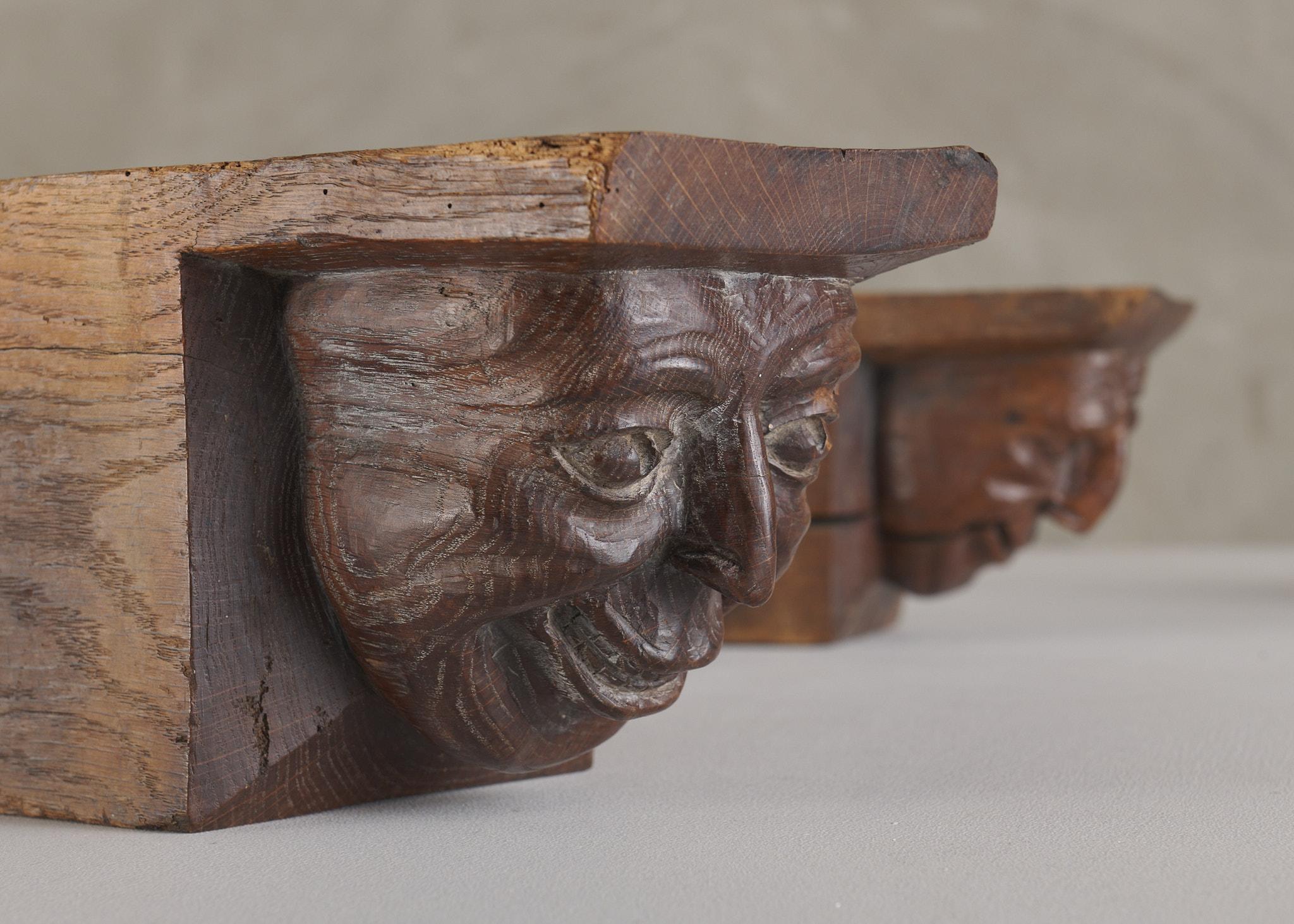 Set of Four Wood Carved Corbels with Grotesque Faces For Sale 1