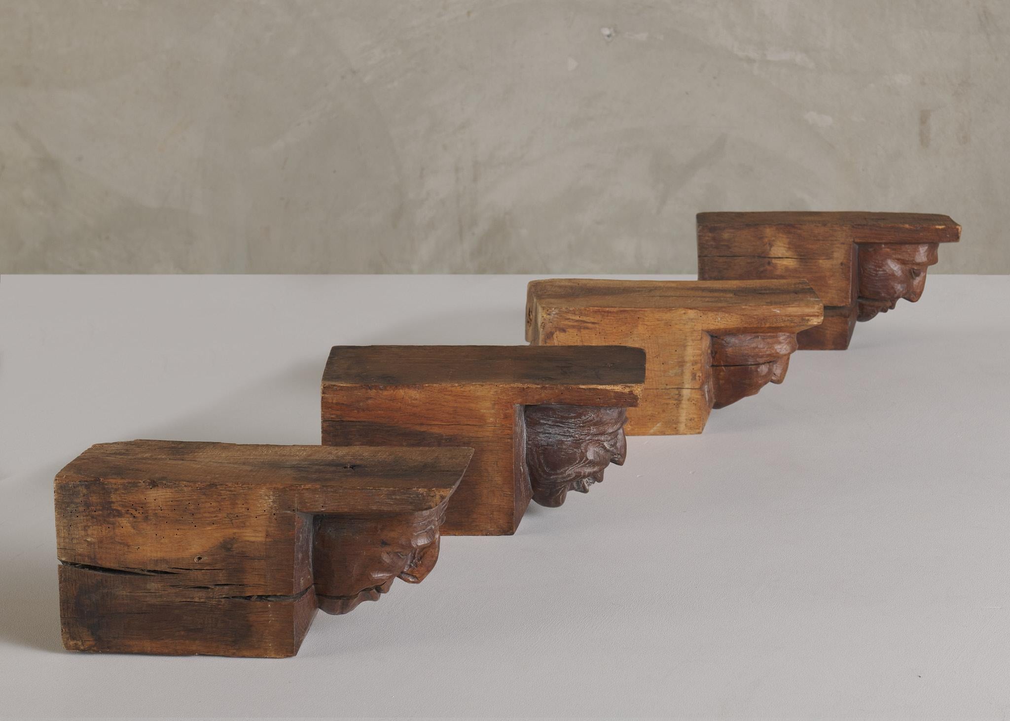 Set of Four Wood Carved Corbels with Grotesque Faces For Sale 3