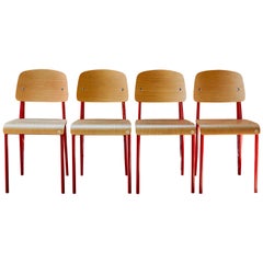 Set of Four Wood and Metal Chairs in the Style of Jean Prouvé