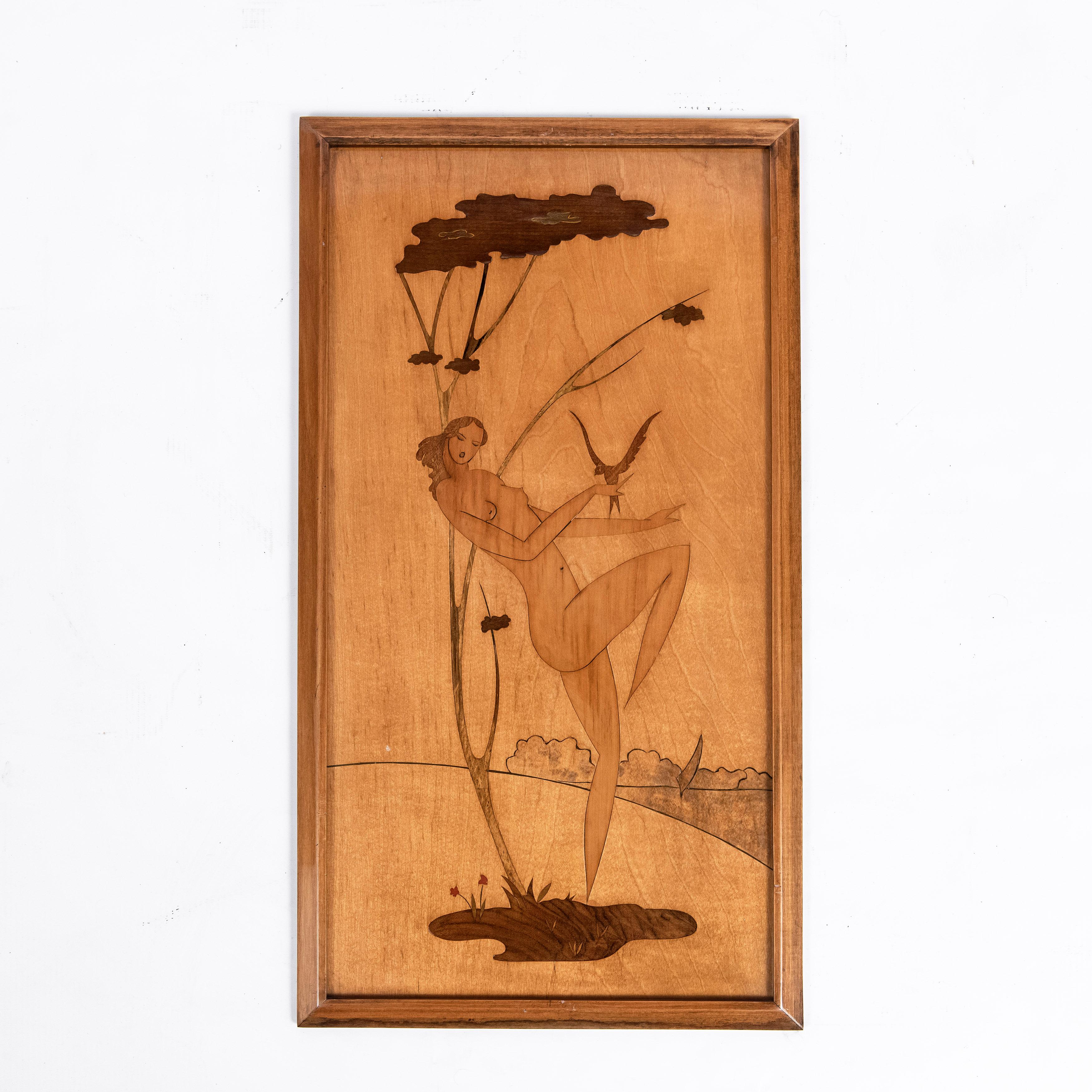 Set of four wood plaques with marquetry, 