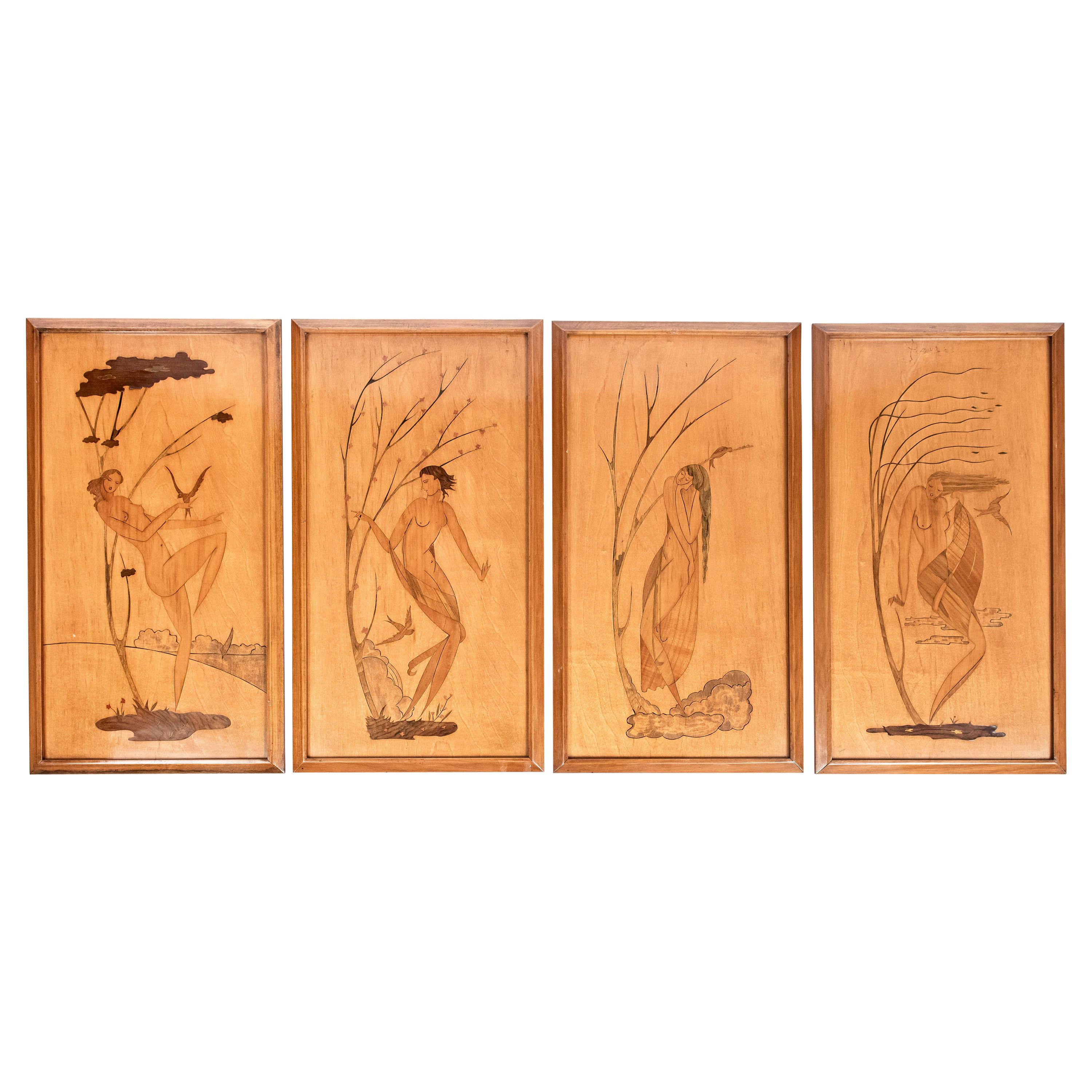 Set von vier Holztafeln mit Intarsien, „Die vier Jahreszeiten“, Italien, 1950