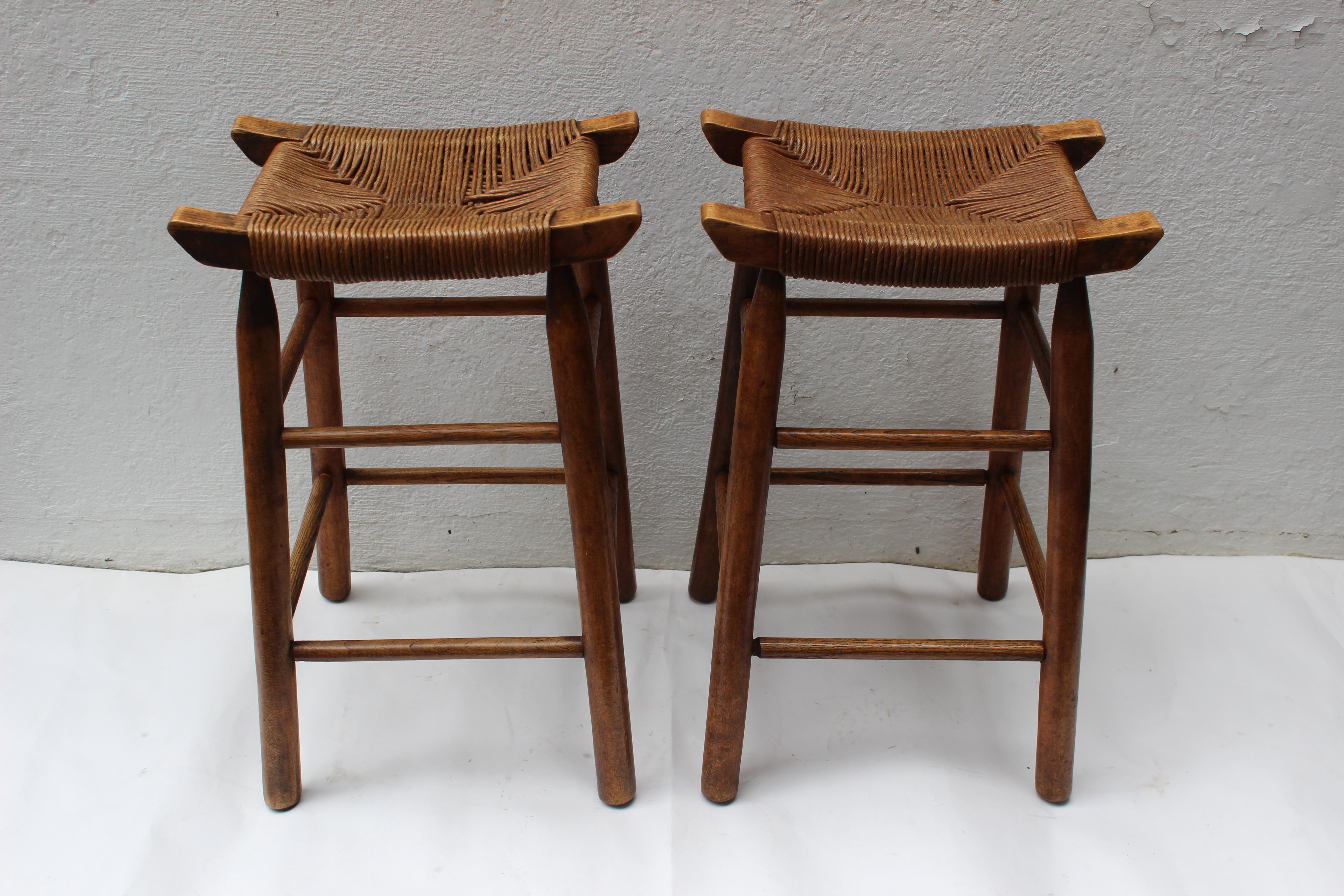 Set of Four Wood Stools with Rush Seats In Excellent Condition In East Hampton, NY