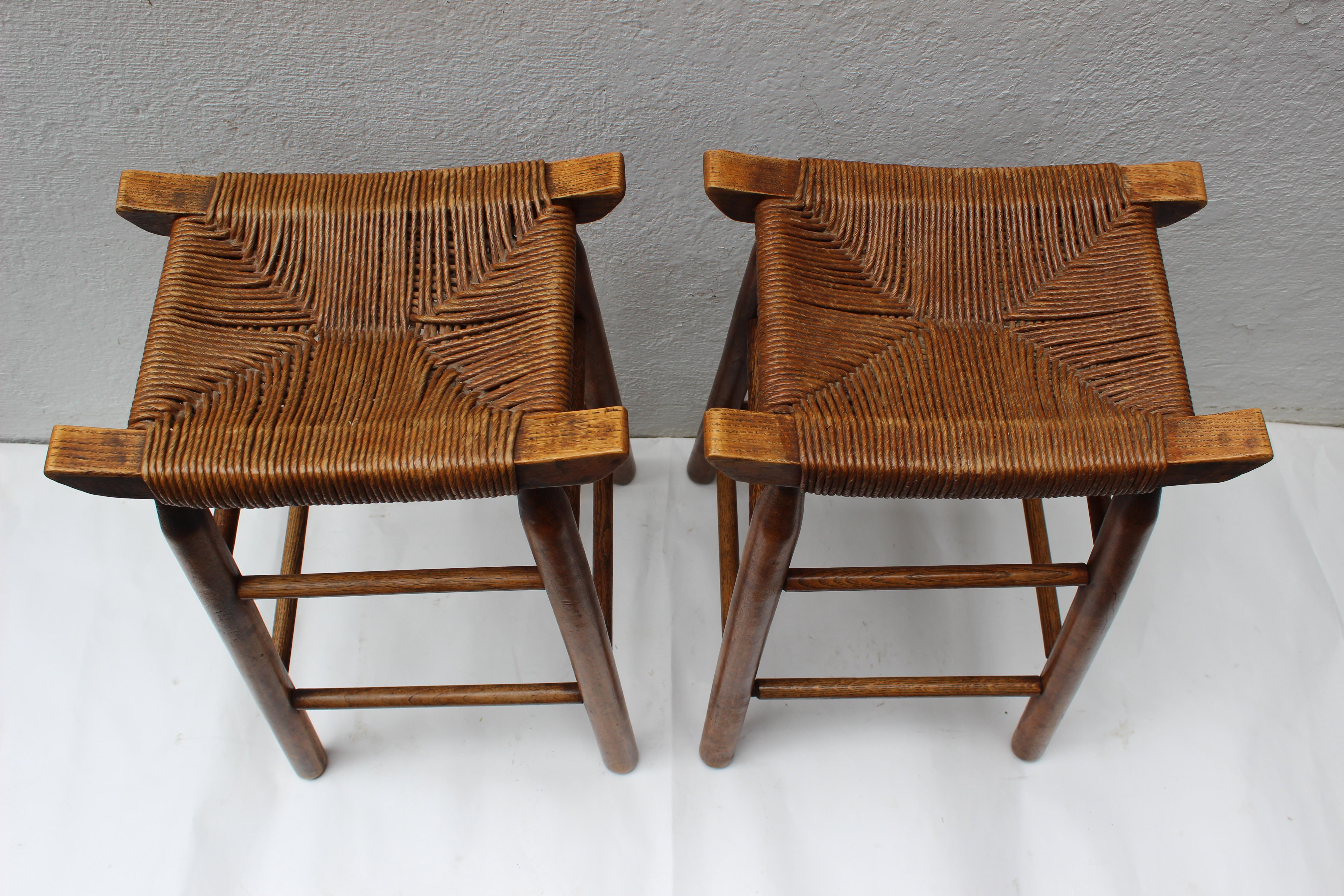 20th Century Set of Four Wood Stools with Rush Seats