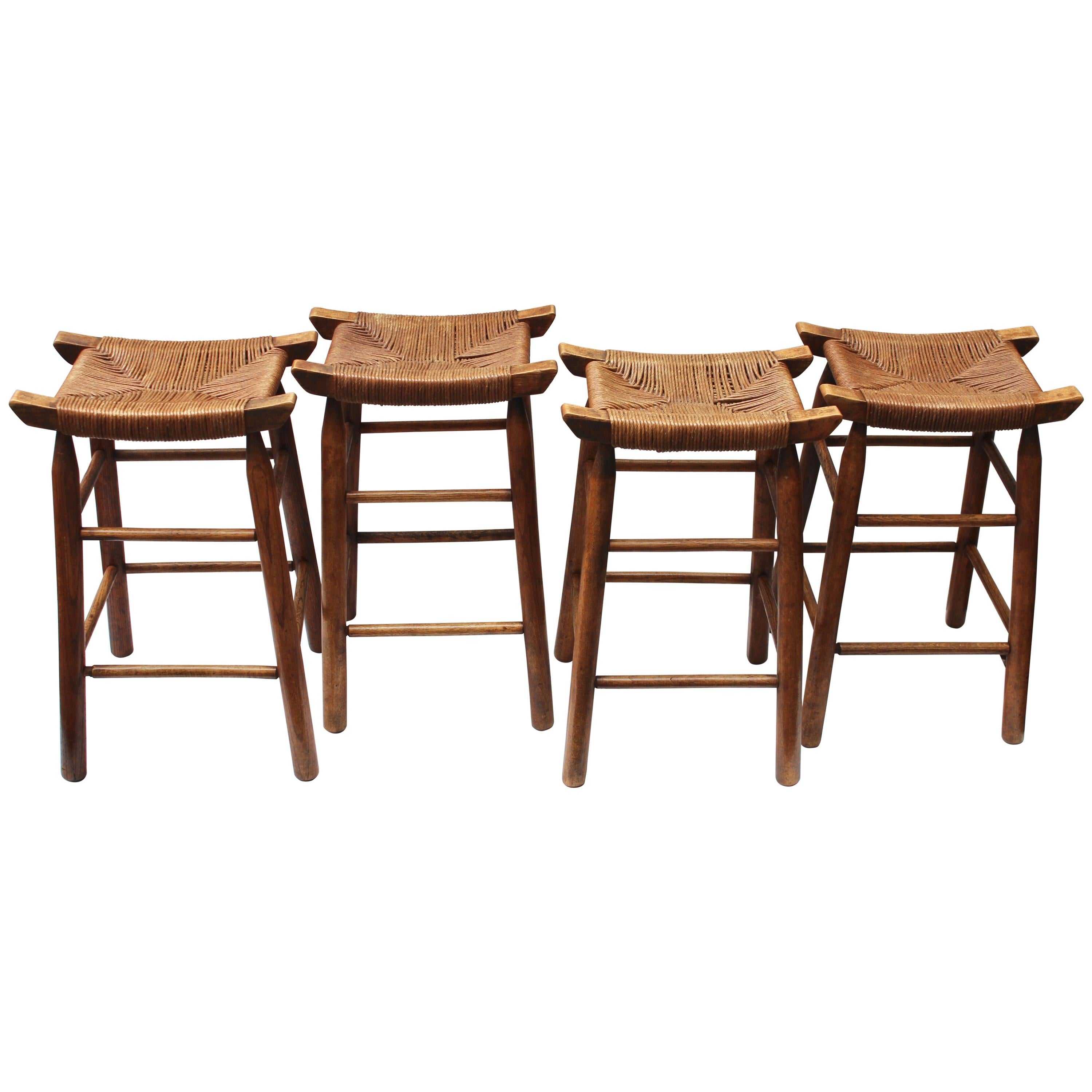 Set of Four Wood Stools with Rush Seats