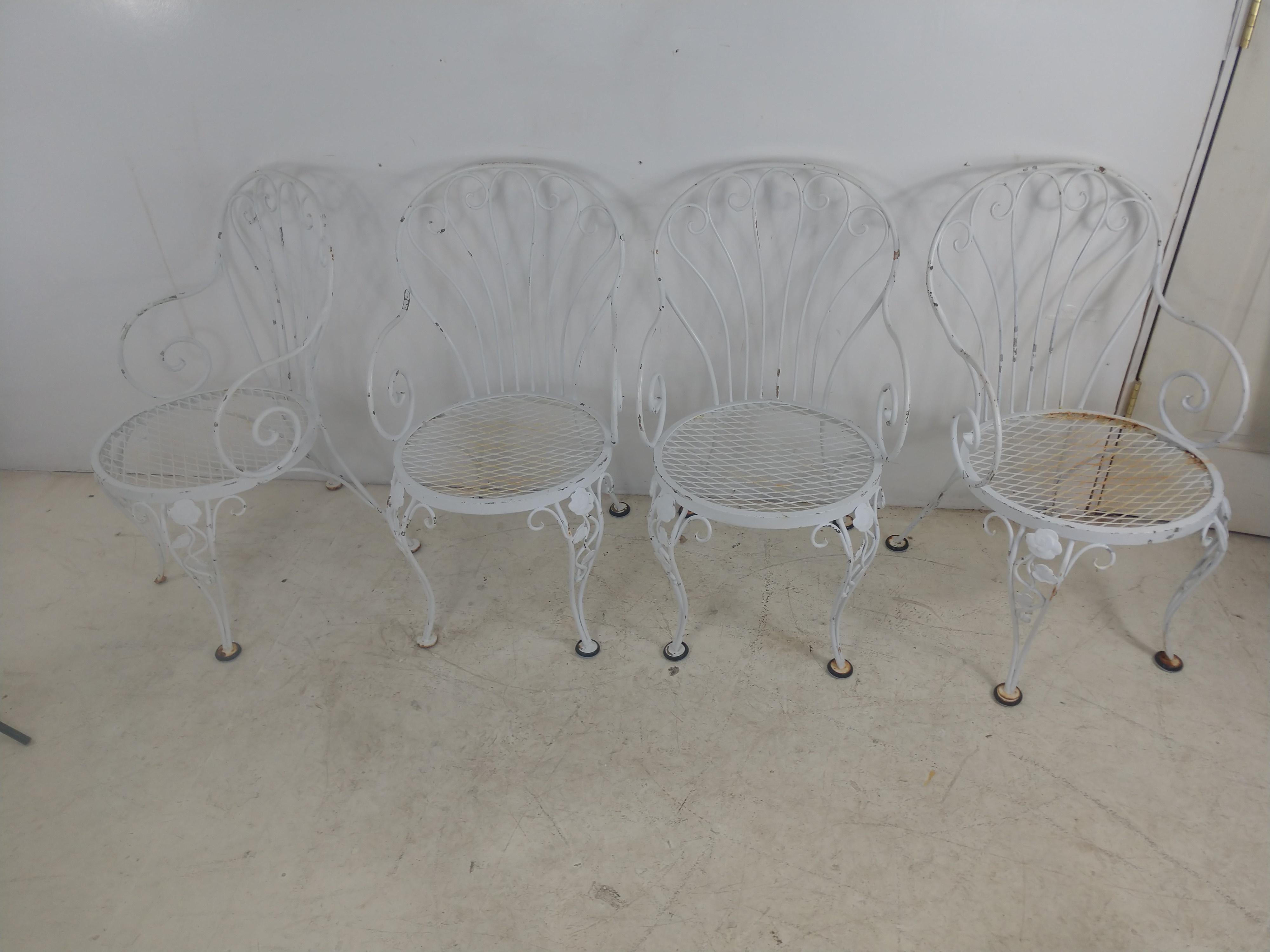 Set of Four Mid Century Woodard Scroll Armchairs Mesh Seats, circa 1955 For Sale 2