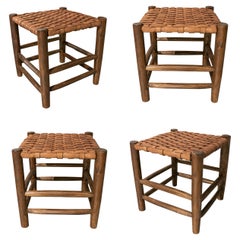 Vintage Set of Four Wooden and Leather Benches