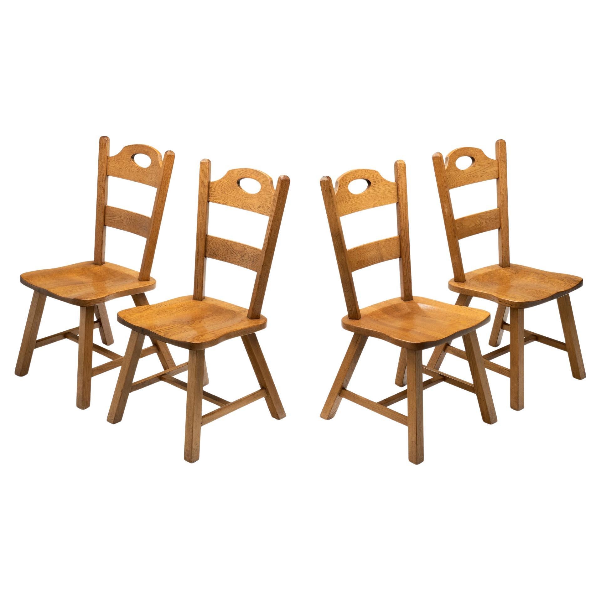Set of Four Wooden Brutalist Dining Chairs, Europe 20th Century
