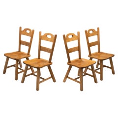 Vintage Set of Four Wooden Brutalist Dining Chairs, Europe 20th Century