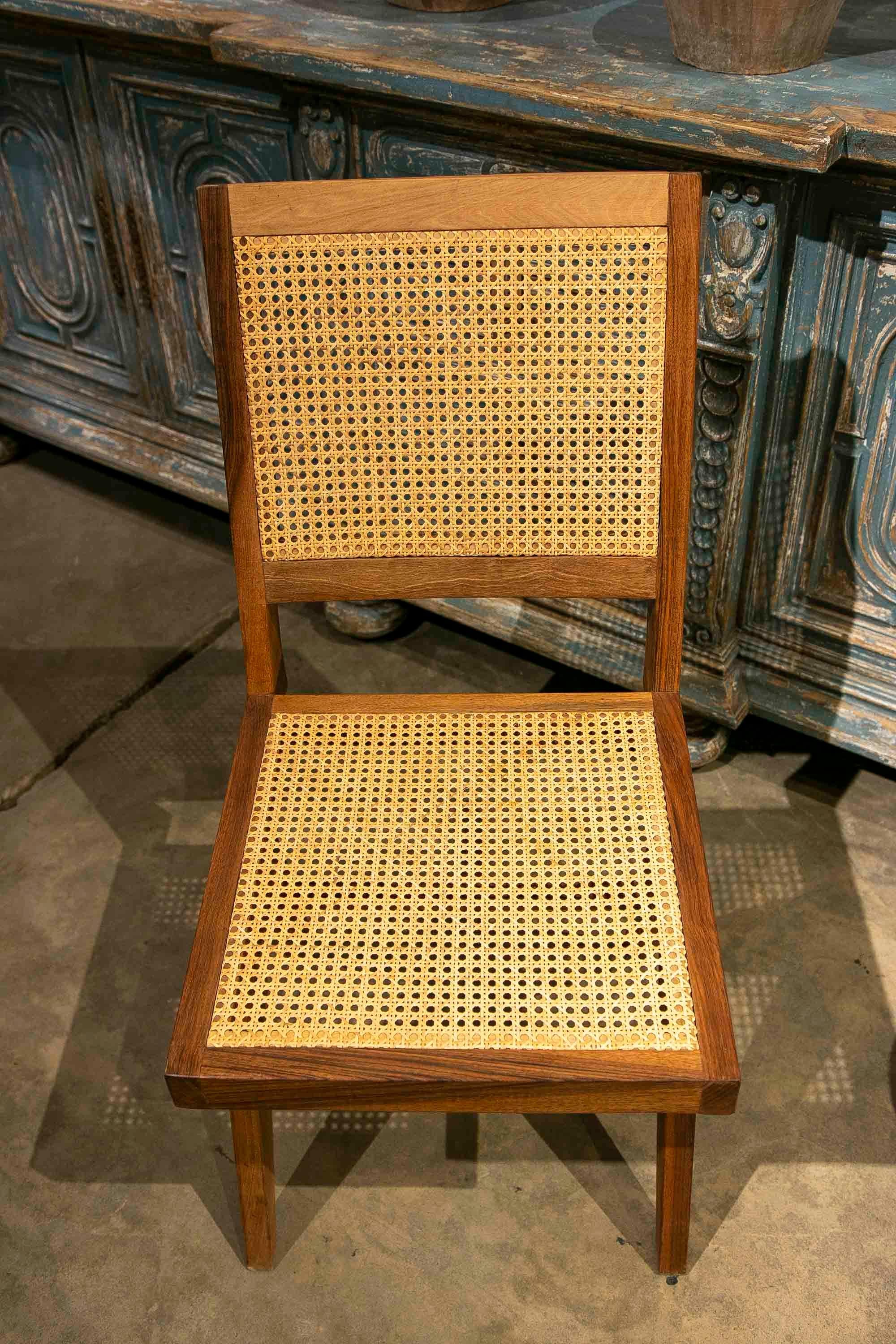 Set of Four Wooden Chairs with Wicker Grid Seat and Backrest For Sale 11