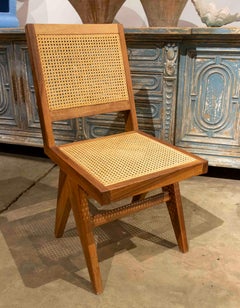 Set of Four Wooden Chairs with Wicker Grid Seat and Backrest