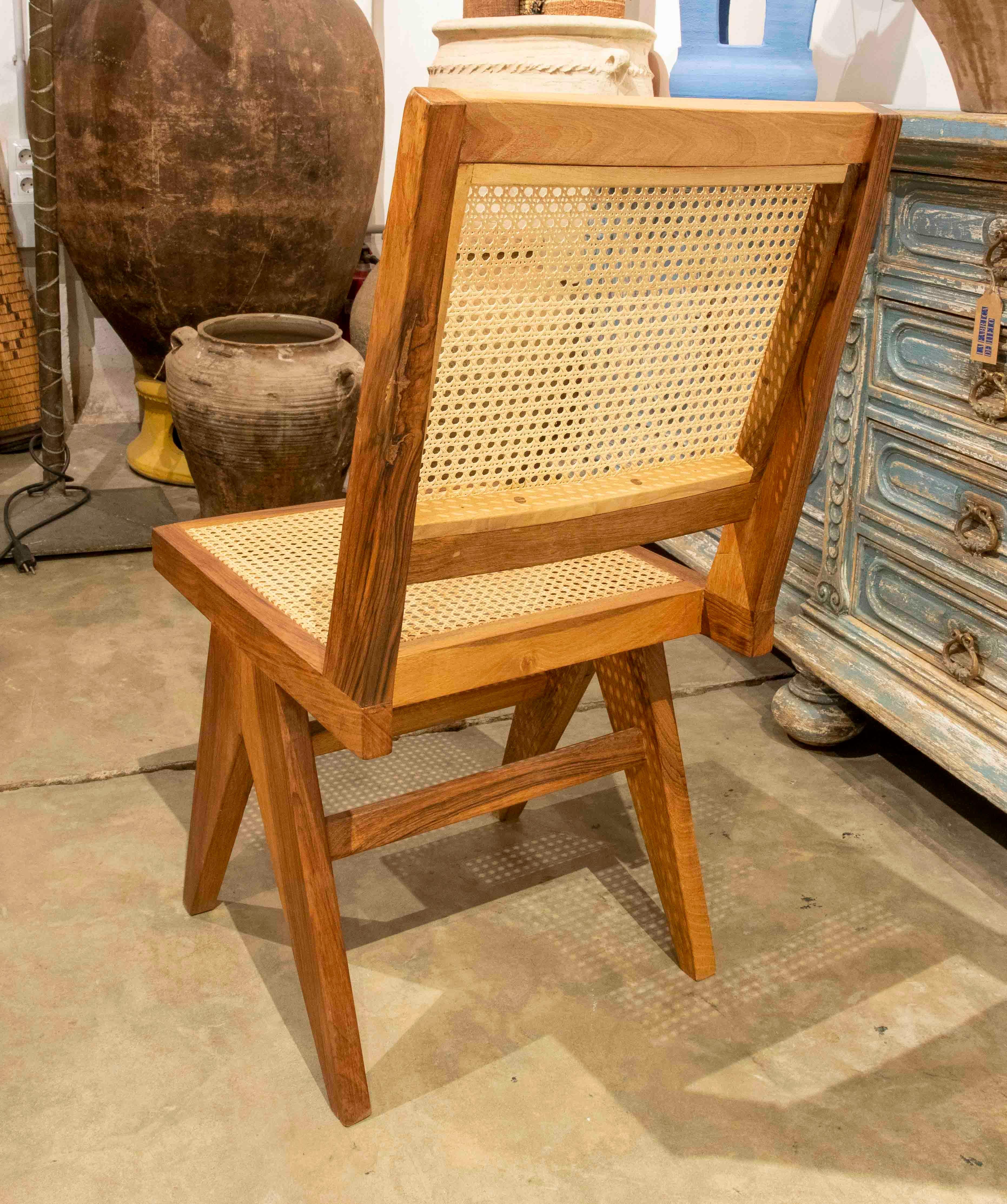 Set of Four Wooden Chairs with Wicker Grid Seat and Backrest For Sale 1