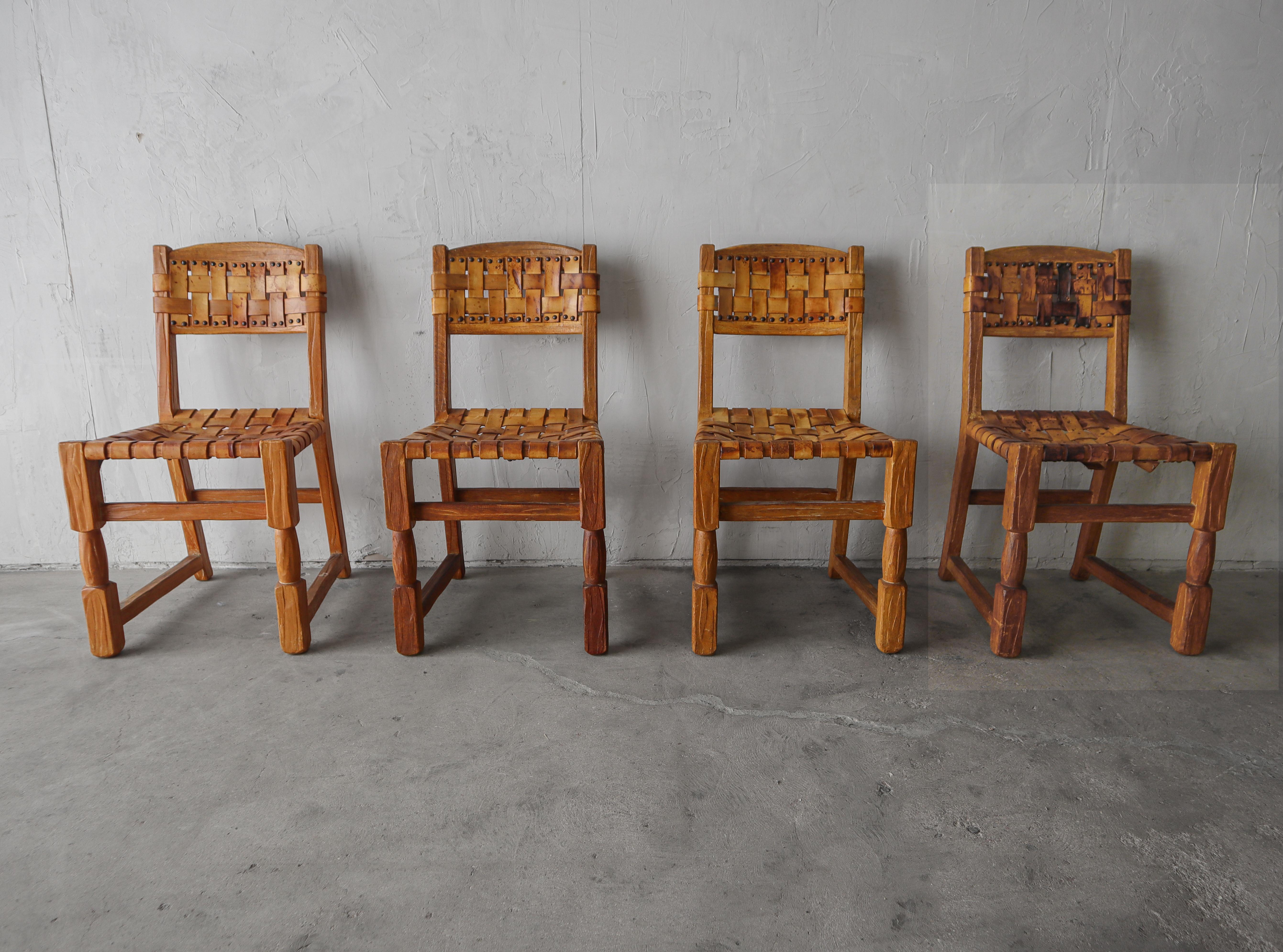 Set of four, perfectly patinated, woven leather, oak frame dining chairs.  

Chairs have beautifully worn leather for that great Industrial look, lots of patina but still 100% useable. Oak frames are structurally sound.  They have a perfect wabisabi