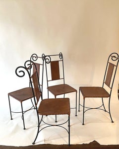 Set of Four Wrought Iron and Leather Swirl Spanish Dining Chairs