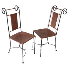 Set of Four Wrought Iron and Leather Swirl Spanish Dining Chairs