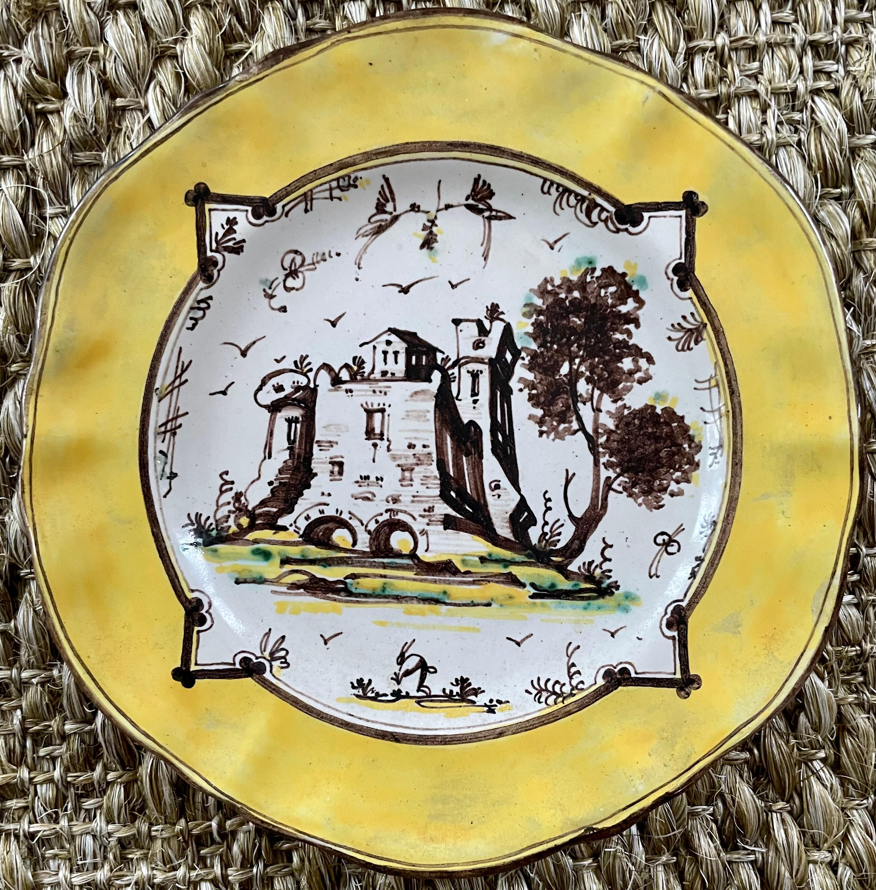Hand-Painted Set of Four Yellow Albisola Plates For Sale