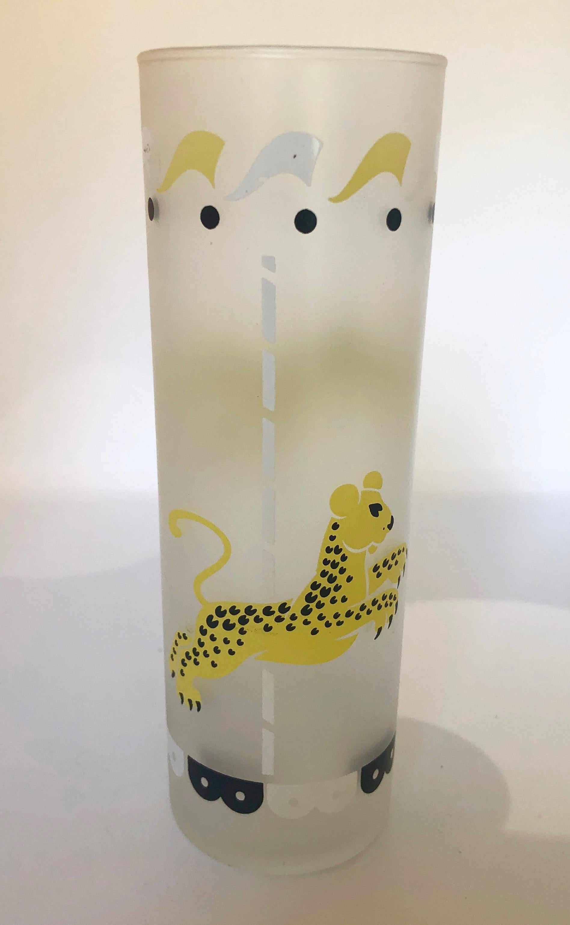 American Set of Four Yellow, Blue, Black & White Frosted Zombie Carousel Cocktail Glasses For Sale