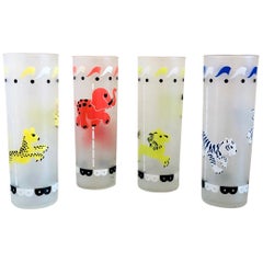 Set of Four Yellow, Blue, Black & White Frosted Zombie Carousel Cocktail Glasses