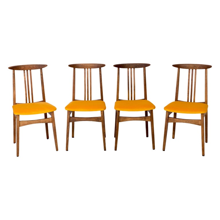Set of Four Yellow Chairs, by Zielinski, Poland, 1960s For Sale at