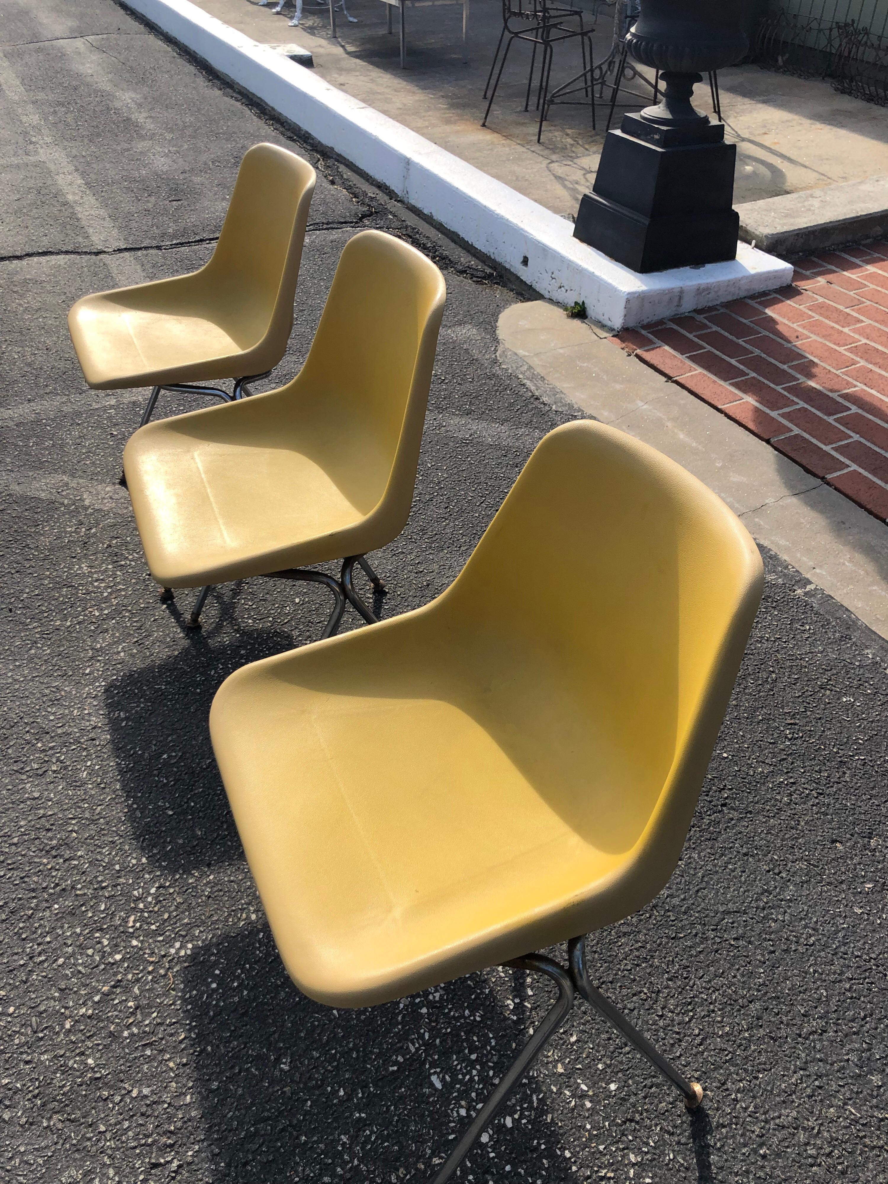 Late 20th Century Set of Three Yellow Jon Stewart Stackable Shell Chairs