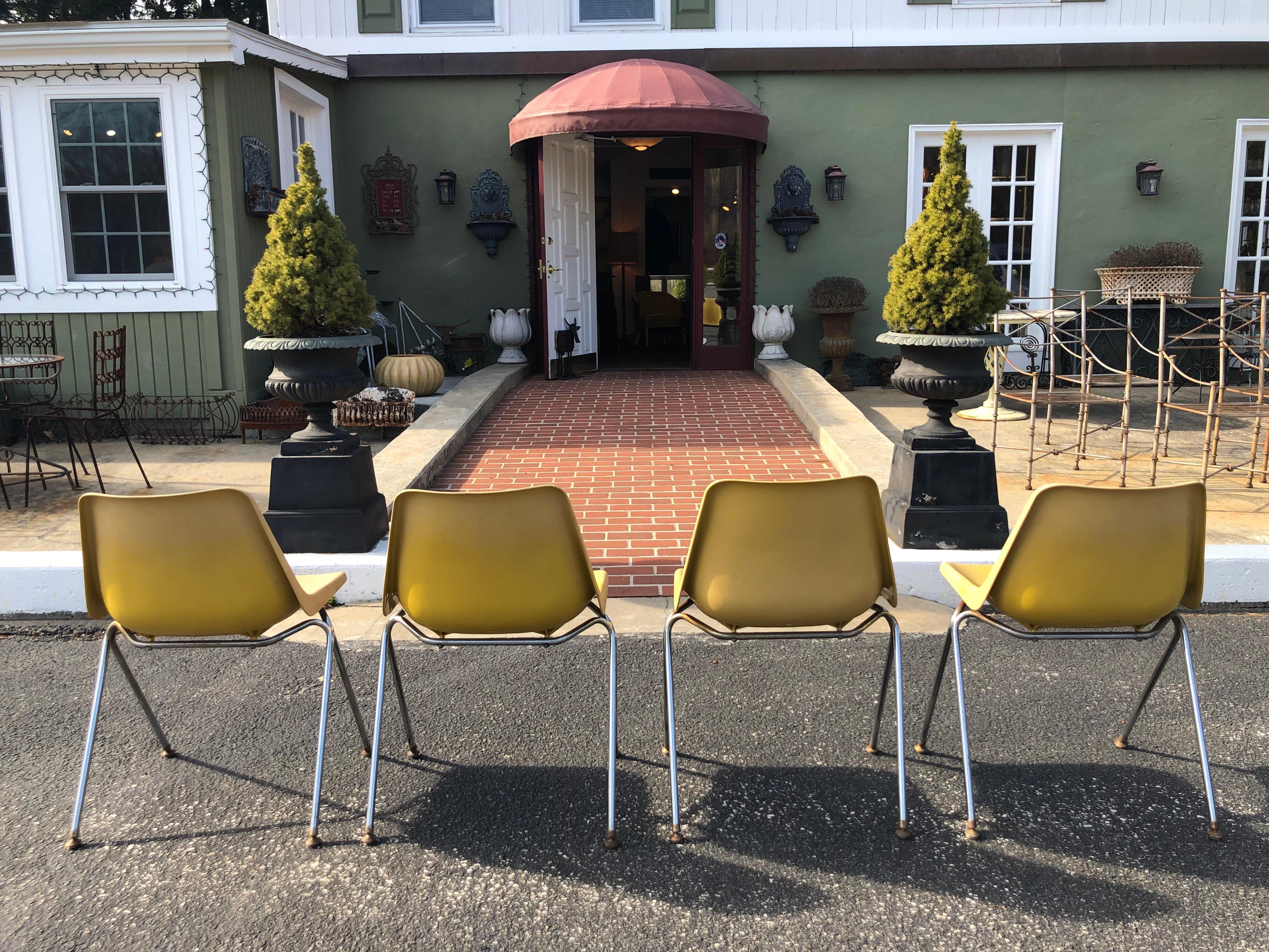 Set of Three Yellow Jon Stewart Stackable Shell Chairs 1