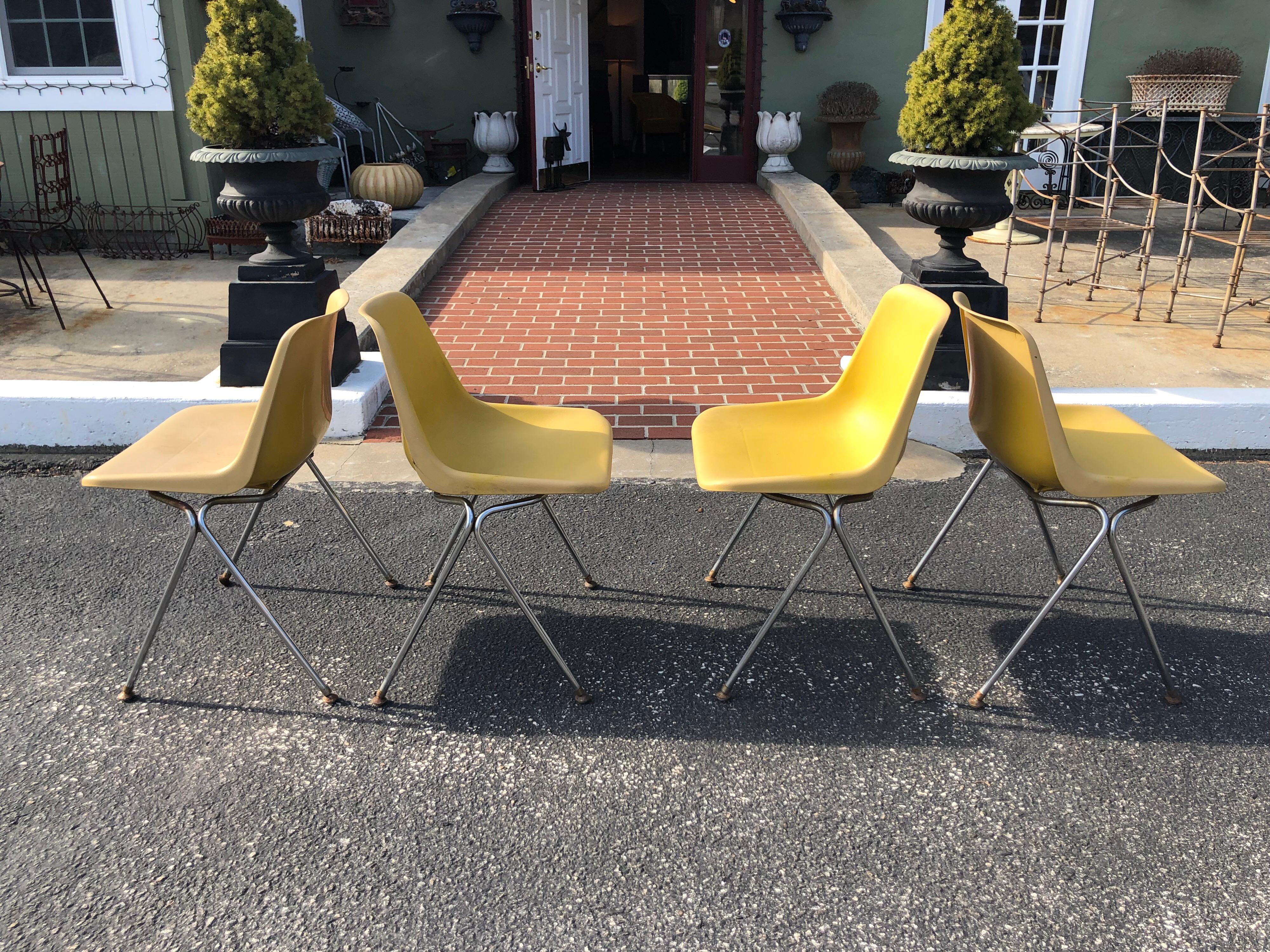 Set of Three Yellow Jon Stewart Stackable Shell Chairs 2