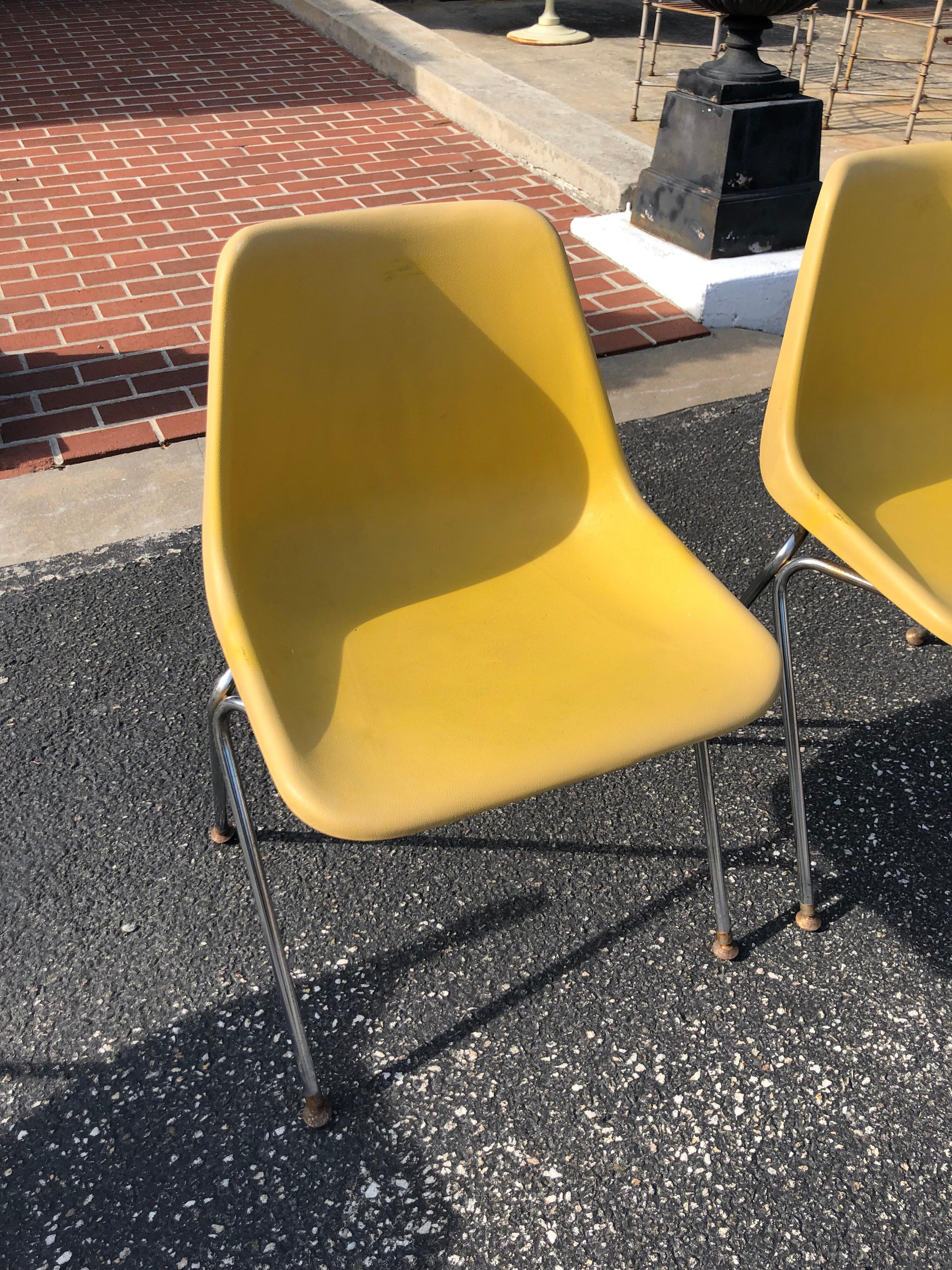 Mid-Century Modern Set of Three Yellow Jon Stewart Stackable Shell Chairs
