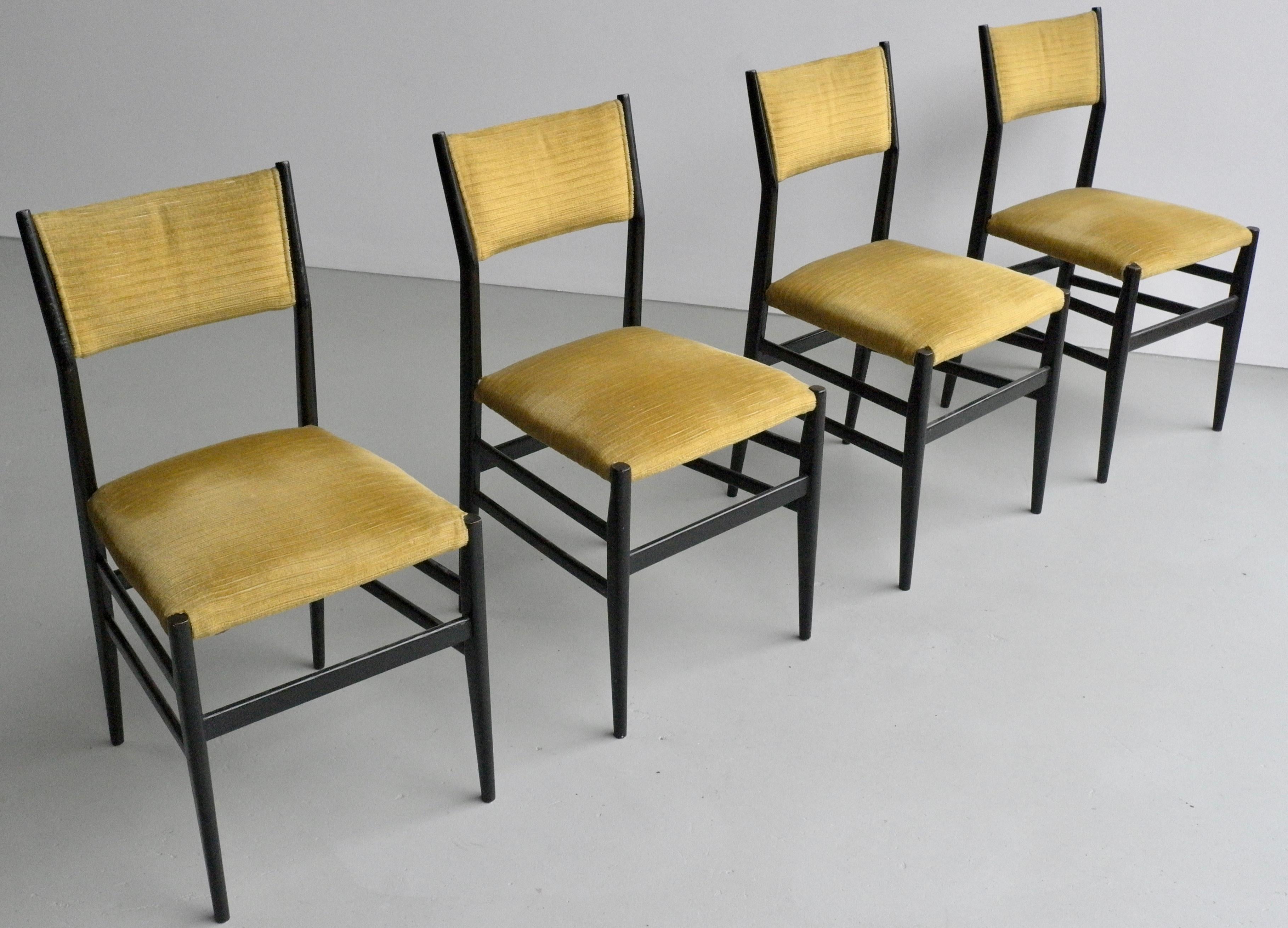 Mid-Century Modern Set of Four Yellow Velvet Leggera Chairs 646/3 by Gio Ponti, Italy, 1954 
