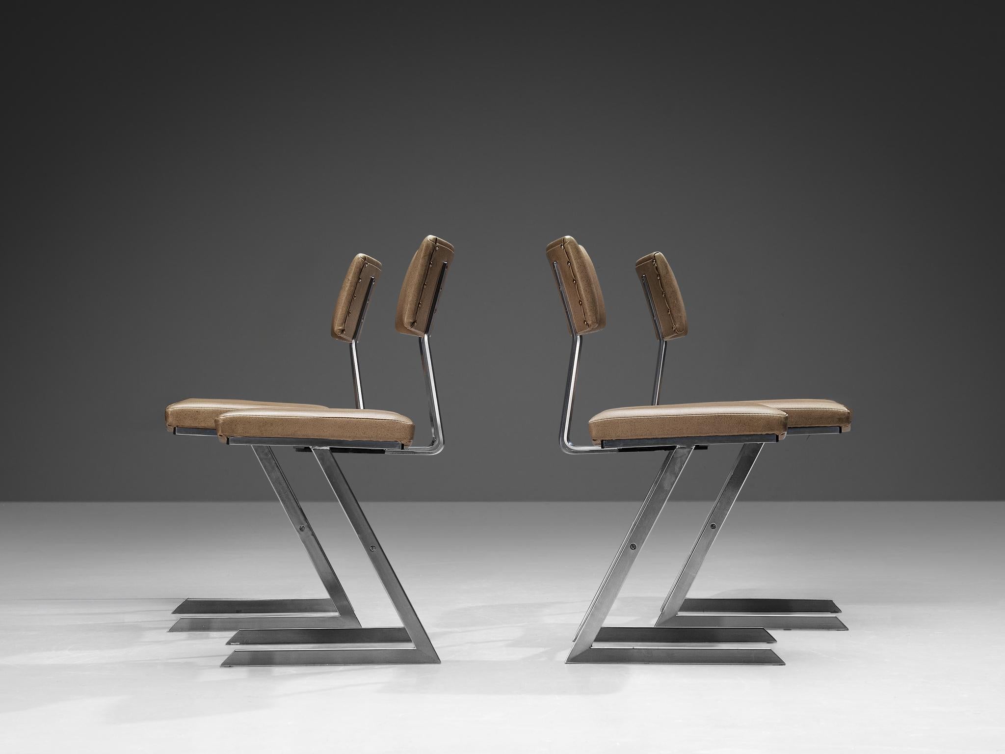 Set aus vier 'Zig Zag'-Stühlen aus Stahl und Kunstleder in Taupe  im Zustand „Gut“ im Angebot in Waalwijk, NL