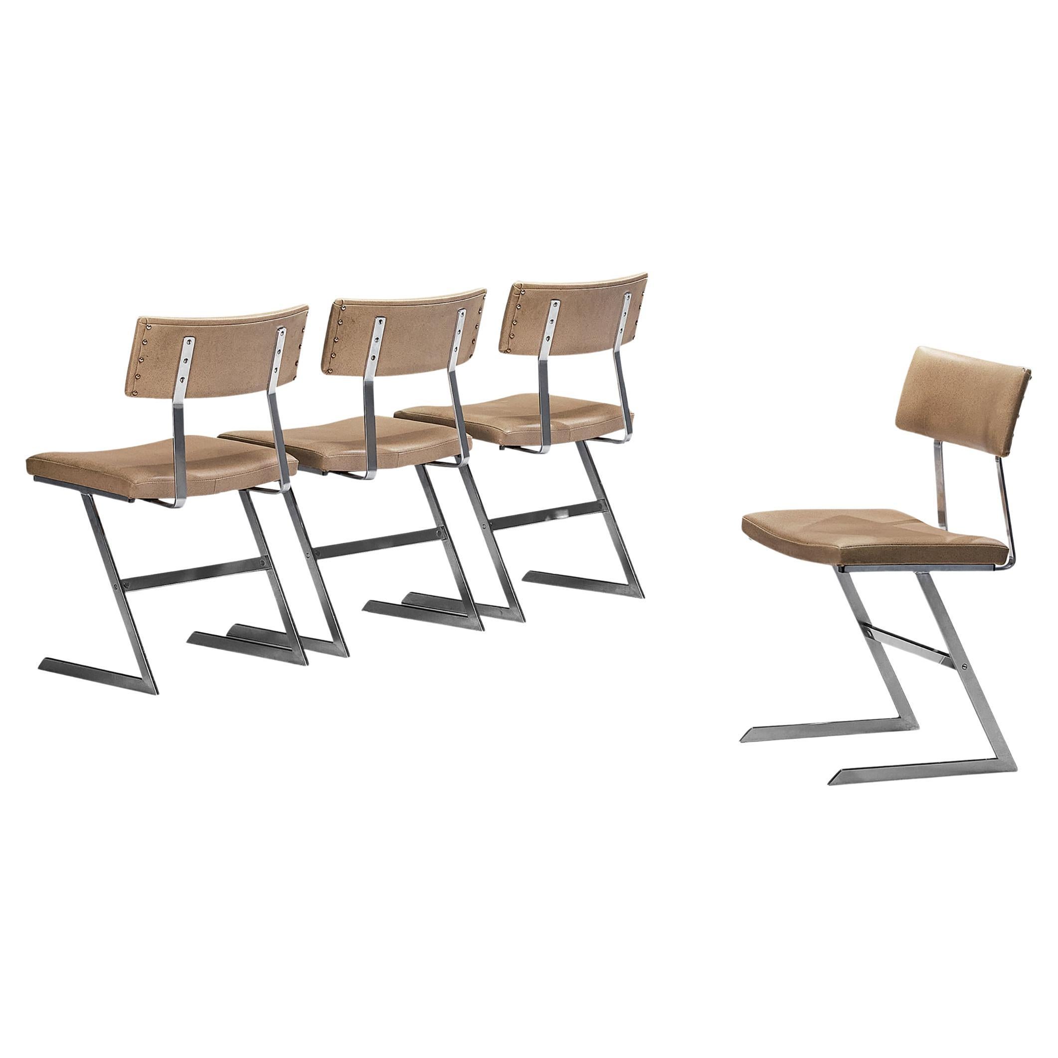Set aus vier 'Zig Zag'-Stühlen aus Stahl und Kunstleder in Taupe  im Angebot