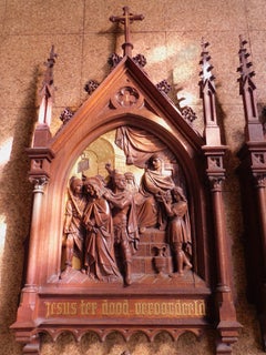 Set of Fourteen Belgian Hand Carved Oak Plaques "Stations of The Cross"