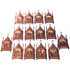 Set of Fourteen Belgian Hand Carved Oak Plaques "Stations of The Cross"