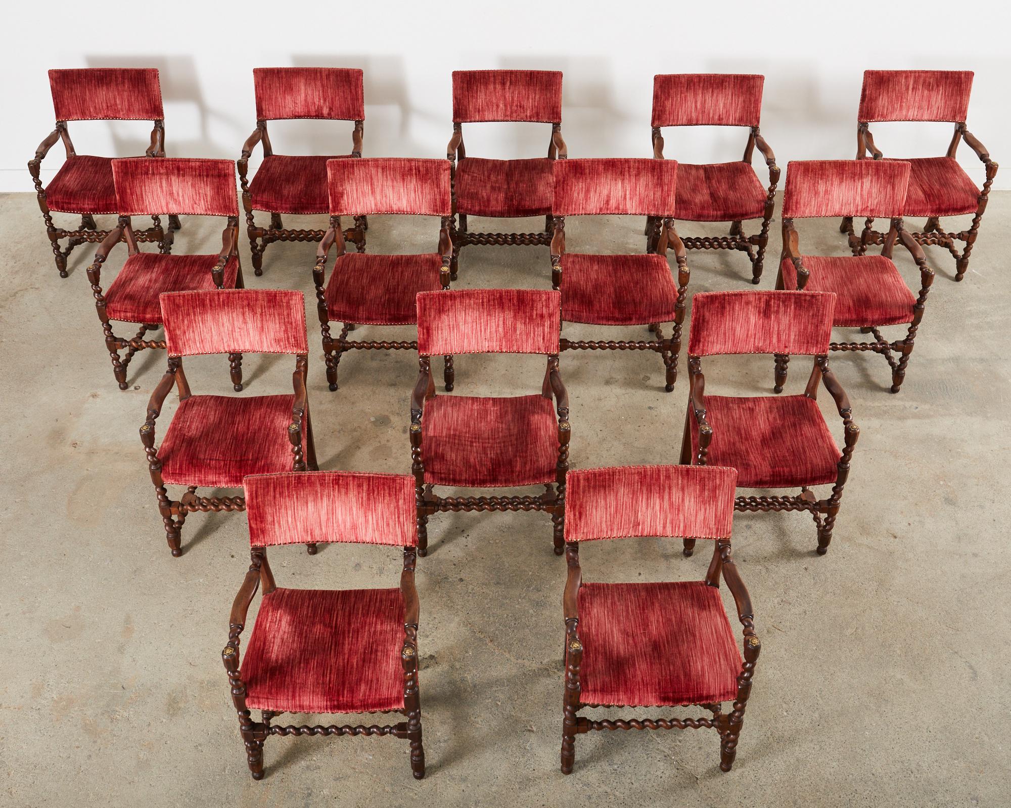 Hand-Crafted Set of Fourteen English Baroque Style Walnut Barley Twist Dining Chairs  For Sale